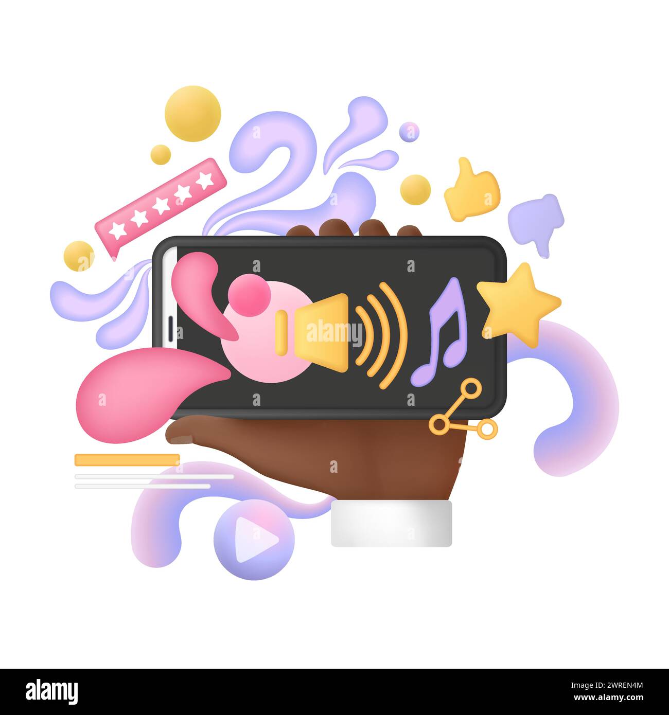 Main 3D de l'homme tenant le téléphone avec haut-parleur sur l'écran pour écouter l'illustration vectorielle de musique Illustration de Vecteur