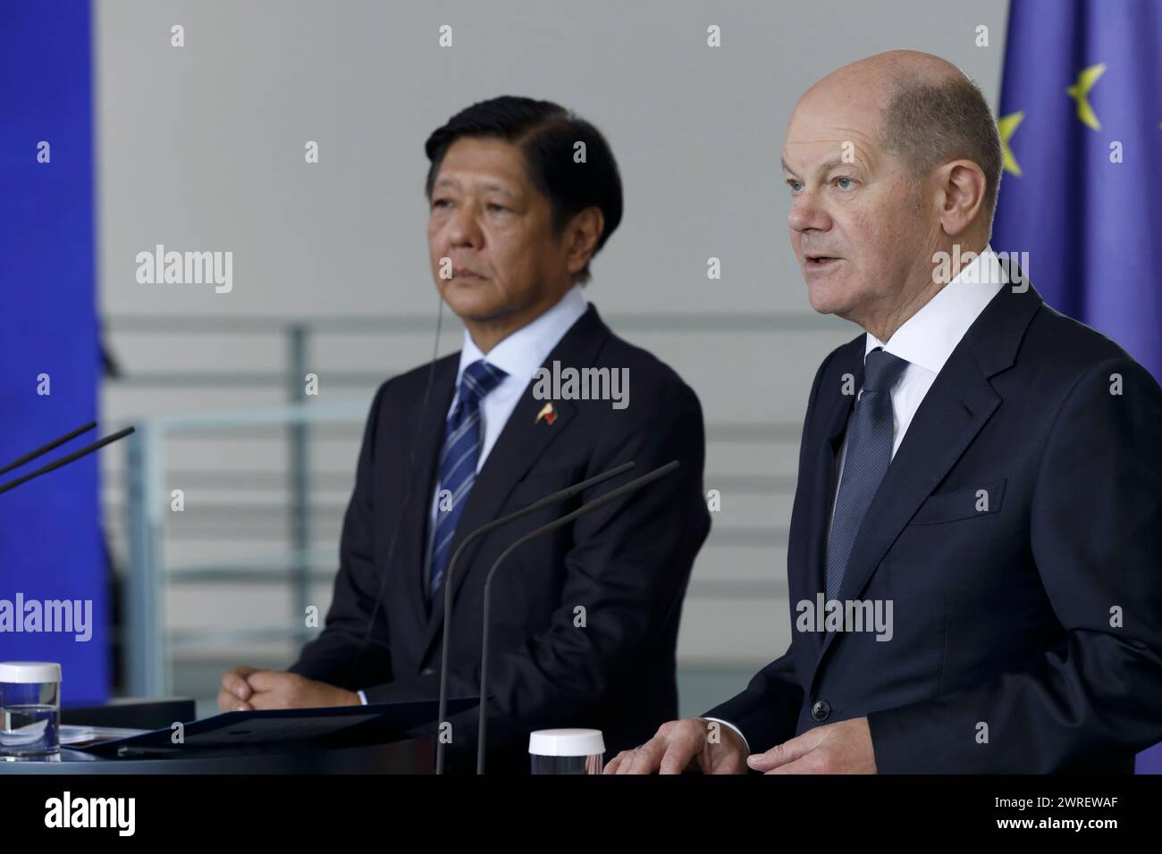 Berlin, Allemagne, 12 mars 2024. Le chancelier allemand, Olaf Scholz, reçoit le président des Philippines, Ferdinand Marcos Jr., avec les honneurs militaires à la Chancellerie de Berlin. Ensuite, ils donnent tous les deux une conférence de presse. Crédit : Juergen Nowak/Alamy Live News Banque D'Images