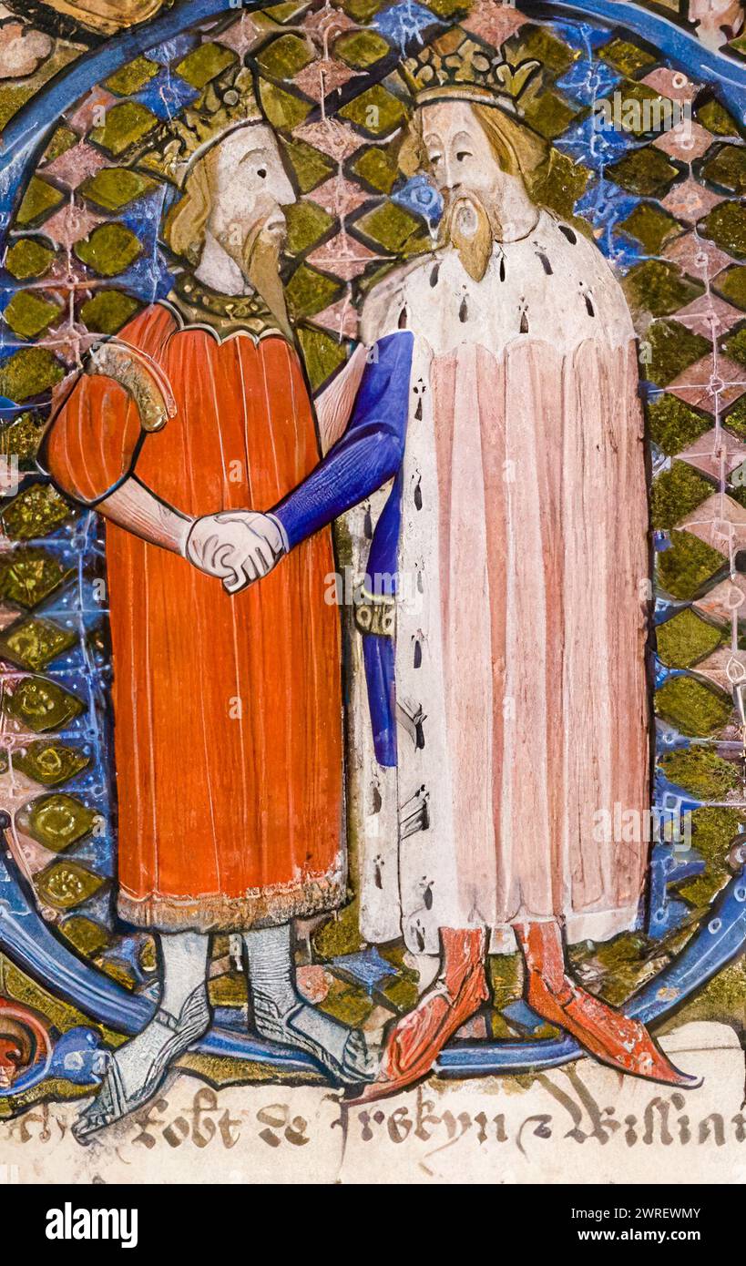 David II d'Écosse (1324-1371), roi d'Écosse (1329-1371) et Édouard III d'Angleterre (1312-1377), roi d'Angleterre (1327-1377), peinture manuscrite enluminée de portrait, 1350-1399 Banque D'Images