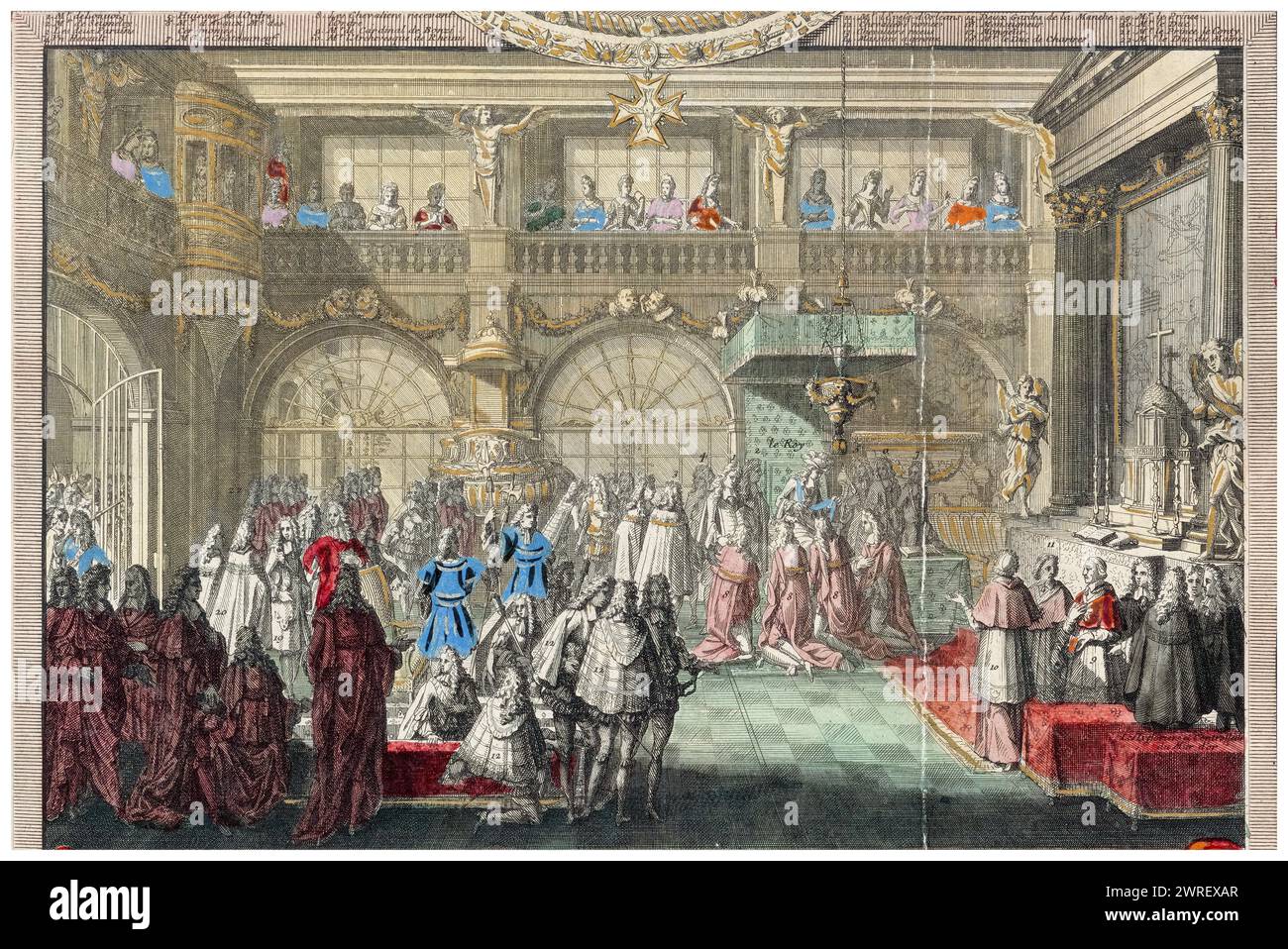 Création des Chevaliers de l'ordre du Saint-esprit par le roi Louis XIV de France dans la chapelle de Versailles les 1er janvier et 2 février 1689, gravure de Nicolas Langlois, 1690 Banque D'Images