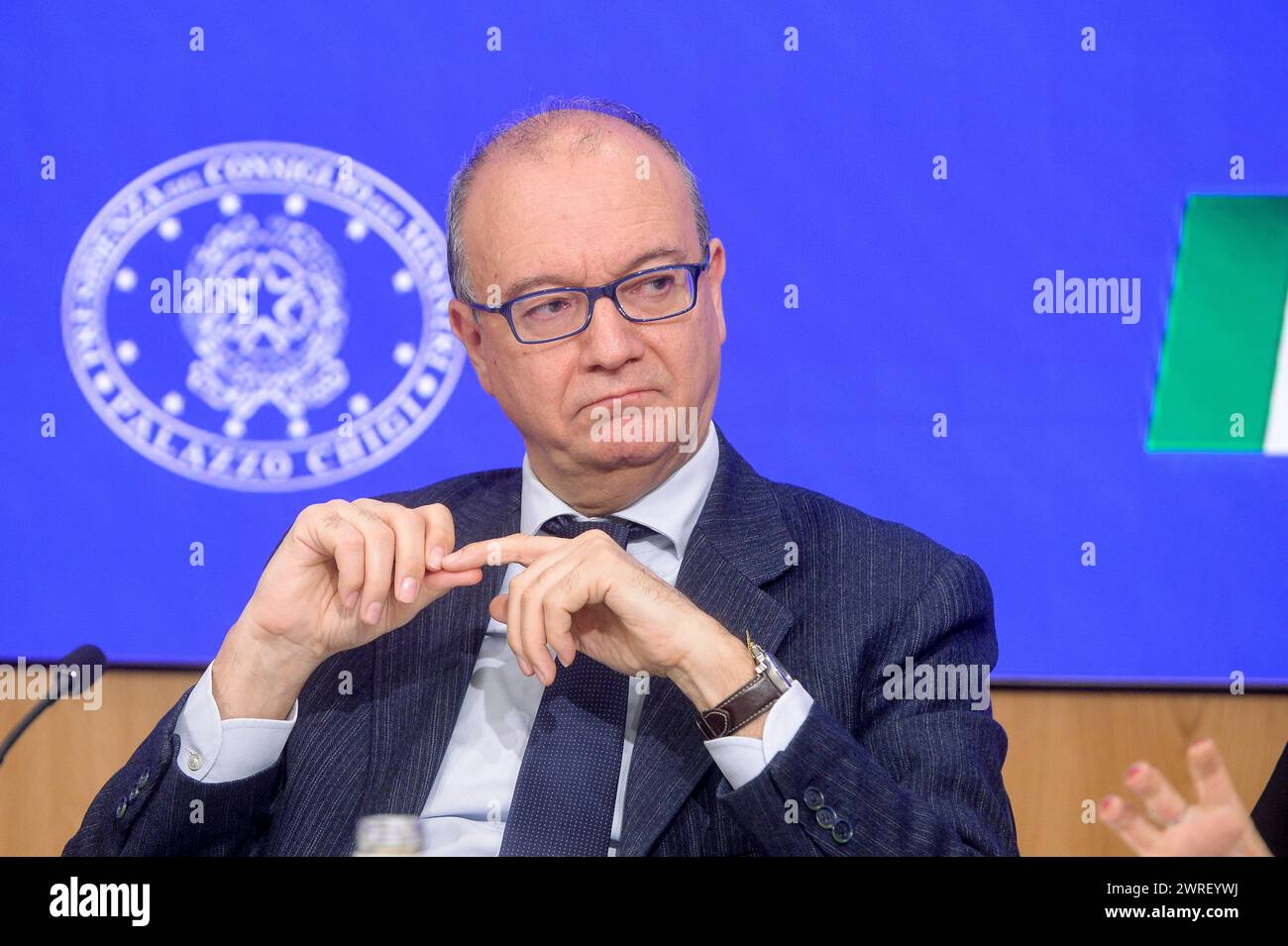 Italie, Rome, le 12 mars 2024 : Giuseppe Valditara, ministre de l'éducation et du mérite, participe à la conférence de presse pour la présentation du Plan national de prévention de l'abus de fentanyl et d'autres opioïdes synthétiques. Photo © Stefano Carofei/Sintesi/Alamy Live News Banque D'Images