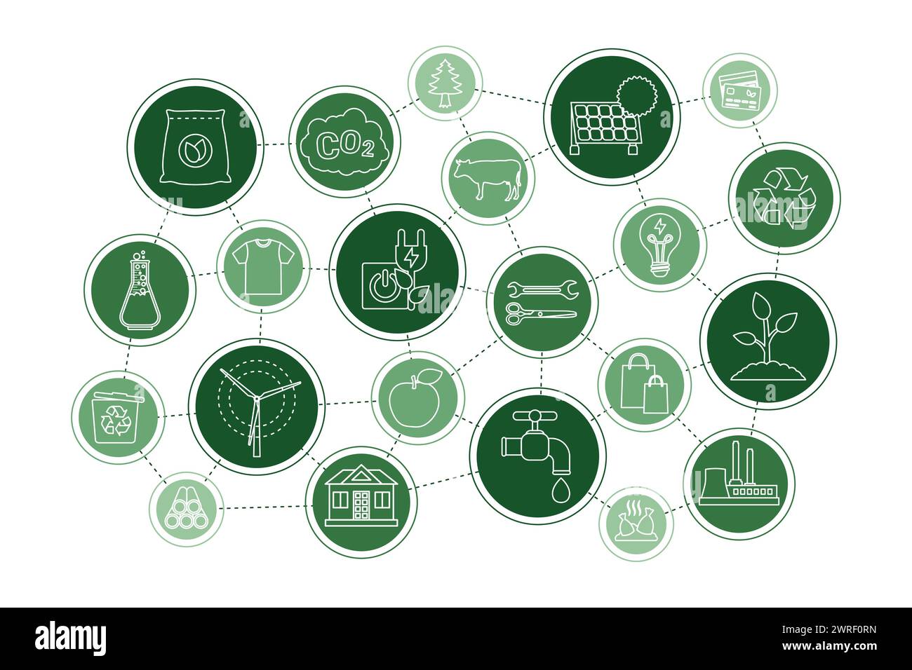 Infographie écologique. Schéma d'icônes représentant des pratiques respectueuses de l'environnement telles que la neutralité carbone, zéro déchet, l'énergie verte, le recyclage et l'agriculture durable Illustration de Vecteur