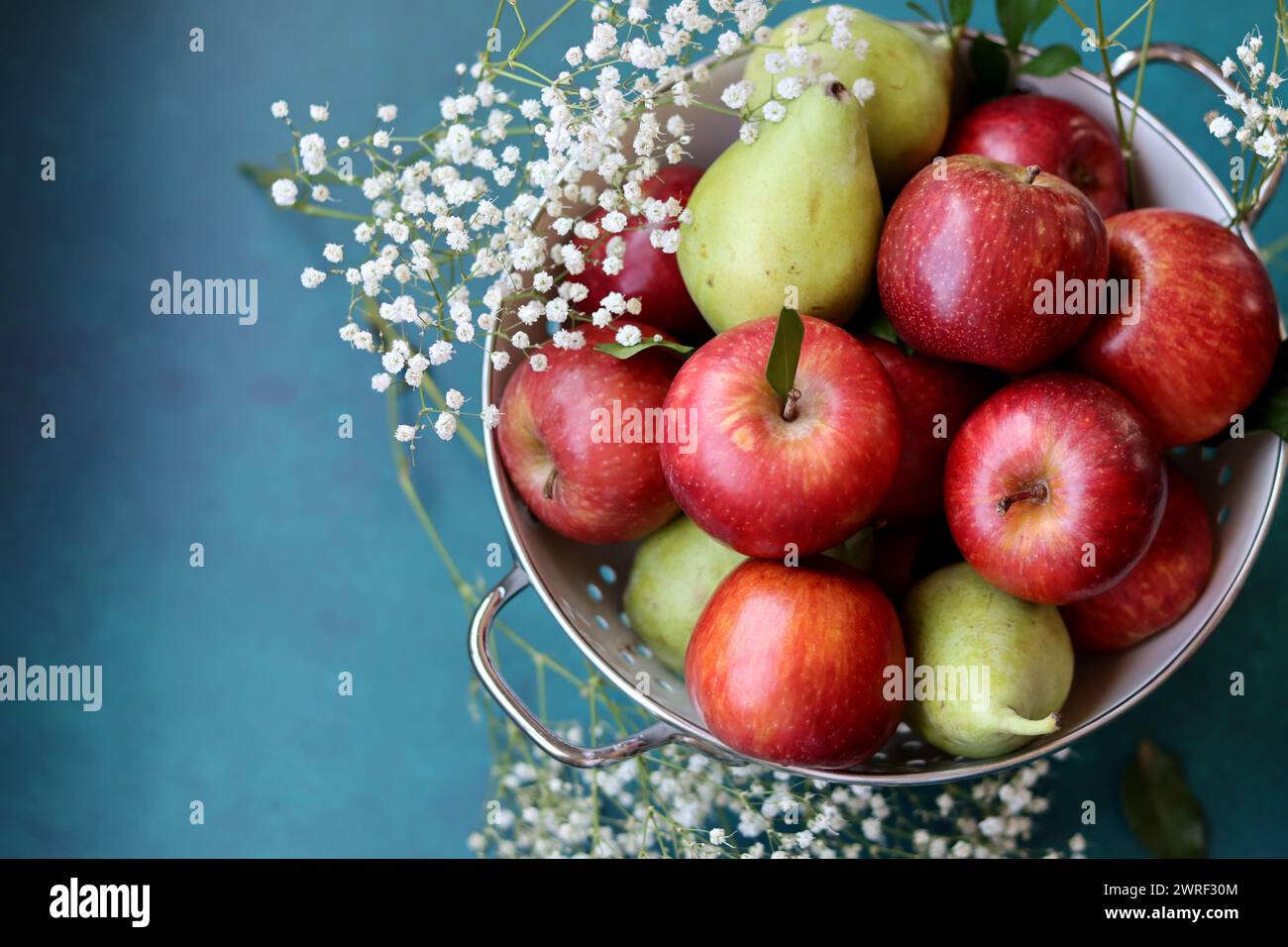 Photo de nature morte avec des pommes rouges poires sur fond bleu. Gros plan photo de fruits de saison. Concept d'alimentation équilibrée. Banque D'Images