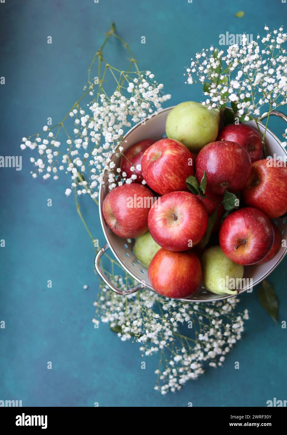Photo de nature morte avec des pommes rouges poires sur fond bleu. Gros plan photo de fruits de saison. Concept d'alimentation équilibrée. Banque D'Images