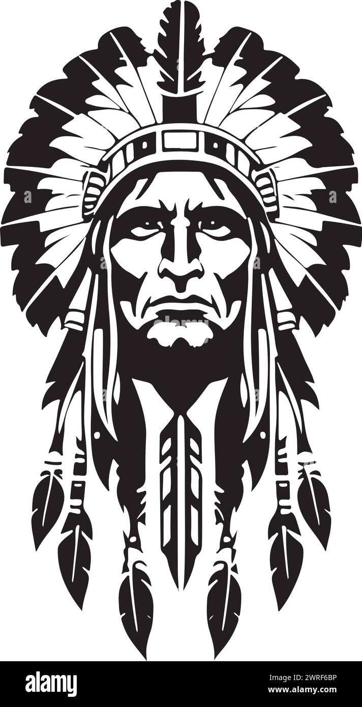 Un merveilleux chef amérindien emblématique dans une illustration vectorielle en noir et blanc, adapté à la conception de logo, la conception de tatouage ou l'impression à la demande Illustration de Vecteur
