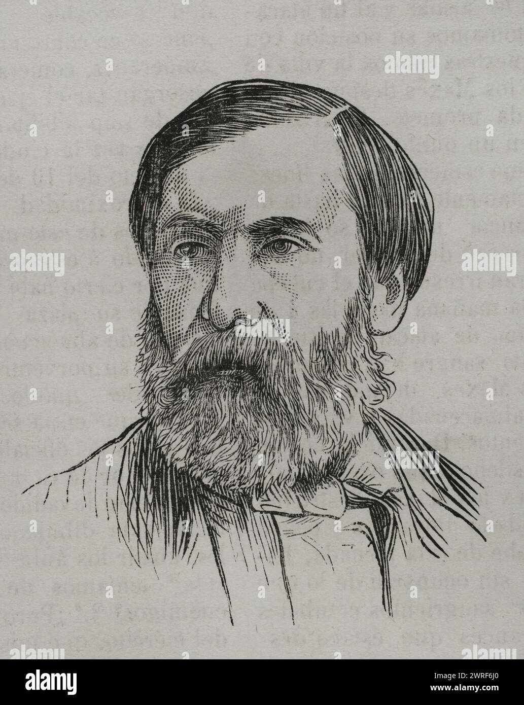 Charles Ferdinand Gambon (1820-1887) Remarquable républicain français du XIXe siècle, démocrate-socialiste. Membre de l'Assemblée constituante de 1848, il participe à la commune de Paris et fait partie de l'Association internationale des ouvriers (appelée la première internationale, 1864-1876). Portrait. Gravure. Historia de la Guerra de Francia y Prusia (histoire de la guerre entre la France et la Prusse). Volume II. Publié à Barcelone, 1871. Banque D'Images