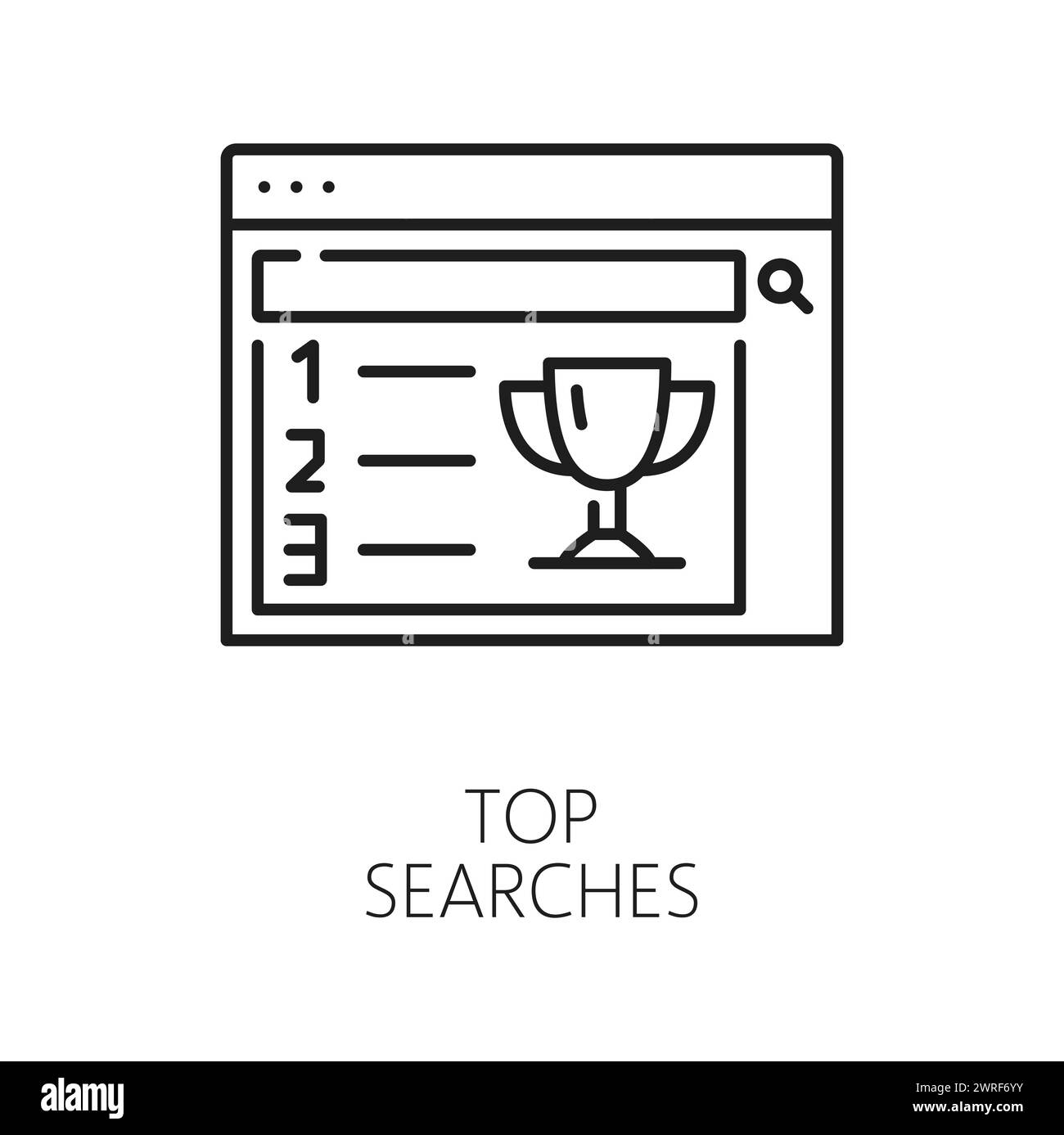 Principales recherches. CDN. Icône de réseau de distribution de contenu, média Web ou moteur de recherche de fichiers, blog ou contenu de portail Internet, pictogramme vectoriel de ligne mince CDN ou icône avec page Web, prix gagnant de résultat de recherche Illustration de Vecteur