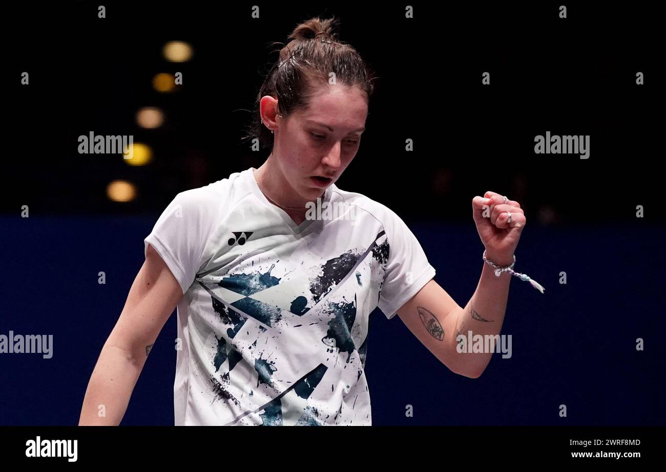 L'écossaise Kirsty Gilmour réagit lors de son match de Singles féminin contre la thaïlandaise Pornpawee Chochuwong le premier jour du YONEX All England Open Badminton Championships à l'Utilita Arena Birmingham. Date de la photo : mardi 12 mars 2024. Banque D'Images