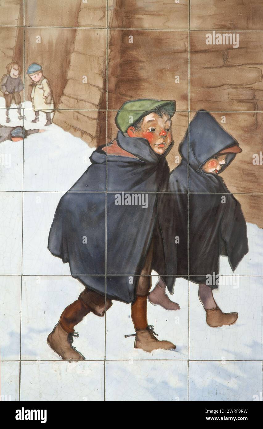 Francisque POULBOT (1879-1946) douze panneaux sur le thème des quatre saisons signés A. Arnoux, boulanger et Cie, Choisy-le-Roi ; daté de 1910. Au 43 bis rue Damrémont, Paris 75018 pour un ancien établissement de bains douches. Francisque POULBOT(1879–1946) douze panneaux sur le thème des quatre saisons produites A. Arnoux, boulanger et Cie, Choisy-le-Roi ; datés 1910. Au 43 bis rue Damrémont, Paris XVIIIe, pour un ancien établissement de bains-douches. Banque D'Images