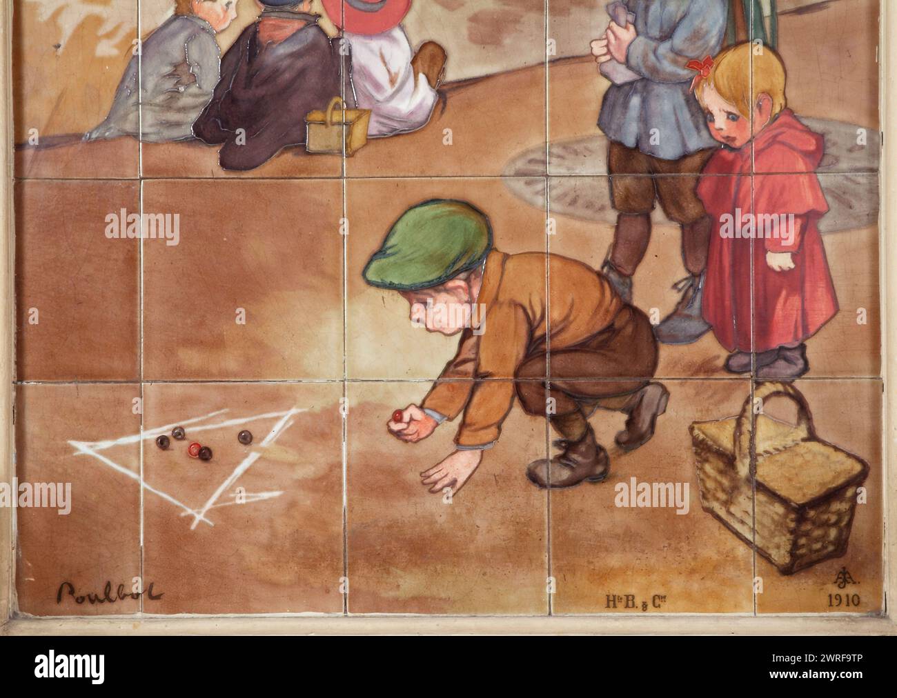 Francisque POULBOT (1879-1946) douze panneaux sur le thème des quatre saisons signés A. Arnoux, boulanger et Cie, Choisy-le-Roi ; daté de 1910. Au 43 bis rue Damrémont, Paris 75018 pour un ancien établissement de bains douches. Francisque POULBOT(1879–1946) douze panneaux sur le thème des quatre saisons produites A. Arnoux, boulanger et Cie, Choisy-le-Roi ; datés 1910. Au 43 bis rue Damrémont, Paris XVIIIe, pour un ancien établissement de bains-douches. Banque D'Images