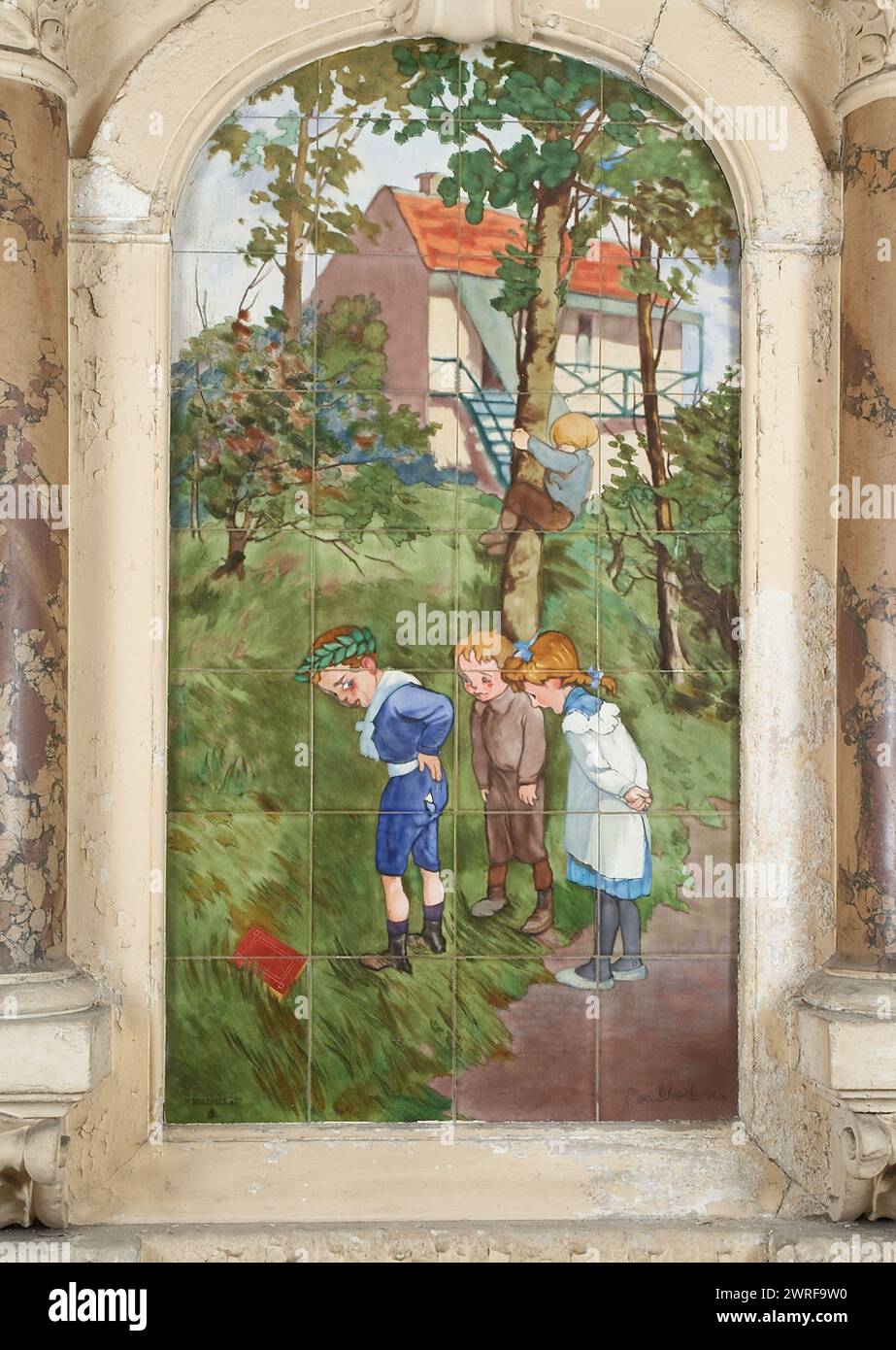 Francisque POULBOT (1879-1946) douze panneaux sur le thème des quatre saisons signés A. Arnoux, boulanger et Cie, Choisy-le-Roi ; daté de 1910. Au 43 bis rue Damrémont, Paris 75018 pour un ancien établissement de bains douches. Francisque POULBOT(1879–1946) douze panneaux sur le thème des quatre saisons produites A. Arnoux, boulanger et Cie, Choisy-le-Roi ; datés 1910. Au 43 bis rue Damrémont, Paris XVIIIe, pour un ancien établissement de bains-douches. Banque D'Images