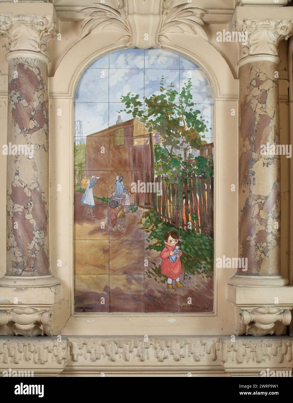 Francisque POULBOT (1879-1946) douze panneaux sur le thème des quatre saisons signés A. Arnoux, boulanger et Cie, Choisy-le-Roi ; daté de 1910. Au 43 bis rue Damrémont, Paris 75018 pour un ancien établissement de bains douches. Francisque POULBOT(1879–1946) douze panneaux sur le thème des quatre saisons produites A. Arnoux, boulanger et Cie, Choisy-le-Roi ; datés 1910. Au 43 bis rue Damrémont, Paris XVIIIe, pour un ancien établissement de bains-douches. Banque D'Images