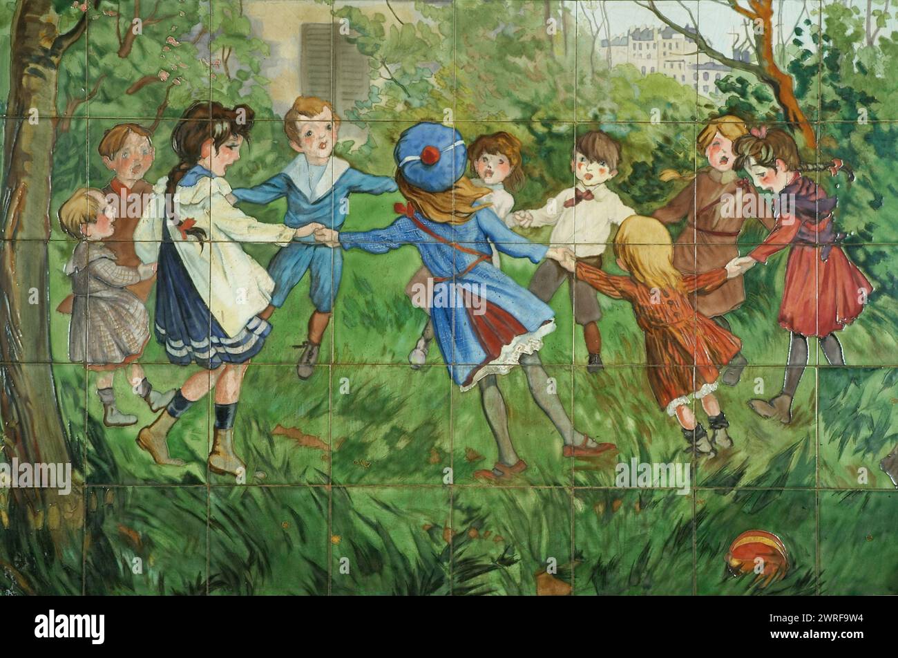 Francisque POULBOT (1879-1946) douze panneaux sur le thème des quatre saisons signés A. Arnoux, boulanger et Cie, Choisy-le-Roi ; daté de 1910. Au 43 bis rue Damrémont, Paris 75018 pour un ancien établissement de bains douches. Francisque POULBOT(1879–1946) douze panneaux sur le thème des quatre saisons produites A. Arnoux, boulanger et Cie, Choisy-le-Roi ; datés 1910. Au 43 bis rue Damrémont, Paris XVIIIe, pour un ancien établissement de bains-douches. Banque D'Images