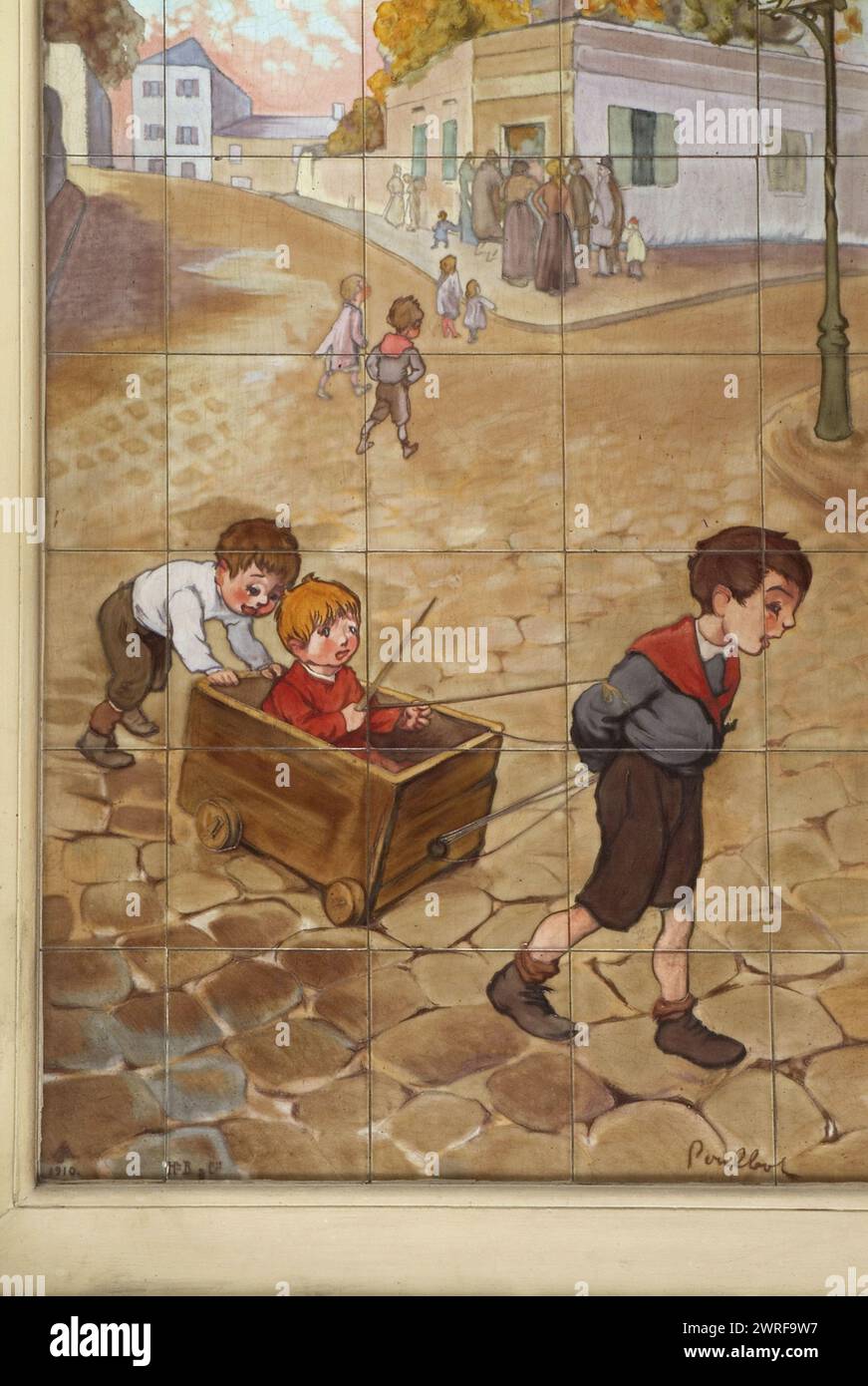 Francisque POULBOT (1879-1946) douze panneaux sur le thème des quatre saisons signés A. Arnoux, boulanger et Cie, Choisy-le-Roi ; daté de 1910. Au 43 bis rue Damrémont, Paris 75018 pour un ancien établissement de bains douches. Francisque POULBOT(1879–1946) douze panneaux sur le thème des quatre saisons produites A. Arnoux, boulanger et Cie, Choisy-le-Roi ; datés 1910. Au 43 bis rue Damrémont, Paris XVIIIe, pour un ancien établissement de bains-douches. Banque D'Images