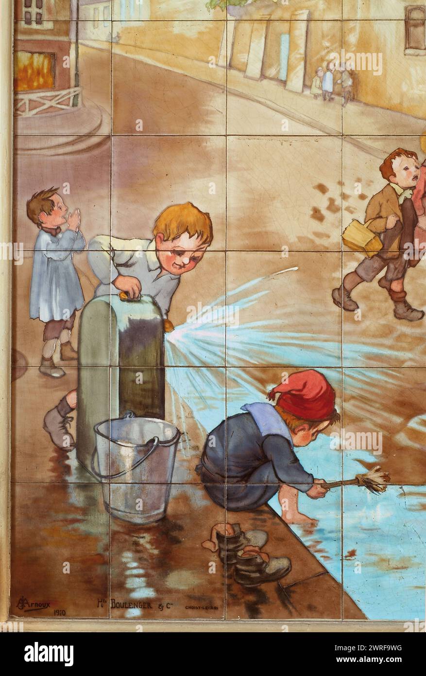 Francisque POULBOT (1879-1946) douze panneaux sur le thème des quatre saisons signés A. Arnoux, boulanger et Cie, Choisy-le-Roi ; daté de 1910. Au 43 bis rue Damrémont, Paris 75018 pour un ancien établissement de bains douches. Francisque POULBOT(1879–1946) douze panneaux sur le thème des quatre saisons produites A. Arnoux, boulanger et Cie, Choisy-le-Roi ; datés 1910. Au 43 bis rue Damrémont, Paris XVIIIe, pour un ancien établissement de bains-douches. Banque D'Images