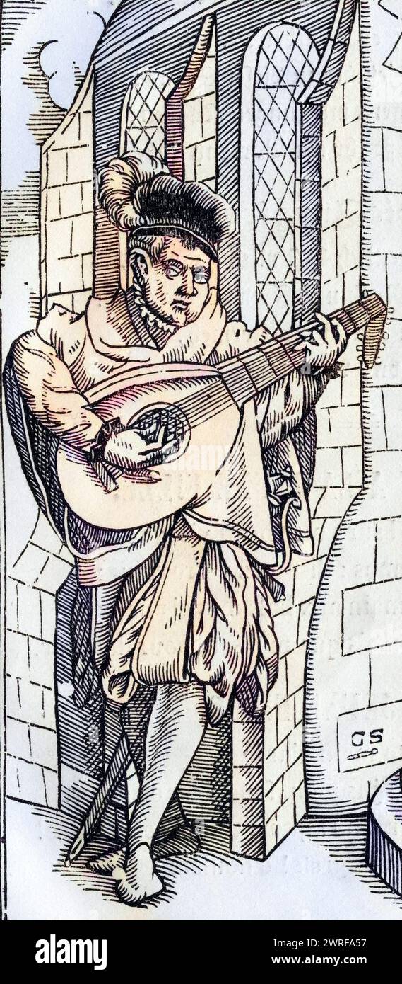 Ein Troubadour Ausschnitt aus einem Holzschnitt von Georg Scharffenberg aus Der Todten Tanz, erschienen in Basel 1843 / A troubadour détail d'une gravure sur bois de Georg Scharffenberg de Der Todten Tanz ou la danse de la mort publié Basel 1843, Historisch, digital restaurierte Reproduktion von einer Vorlage aus dem 19. Jahrhundert, date du dossier non précisée, Banque D'Images