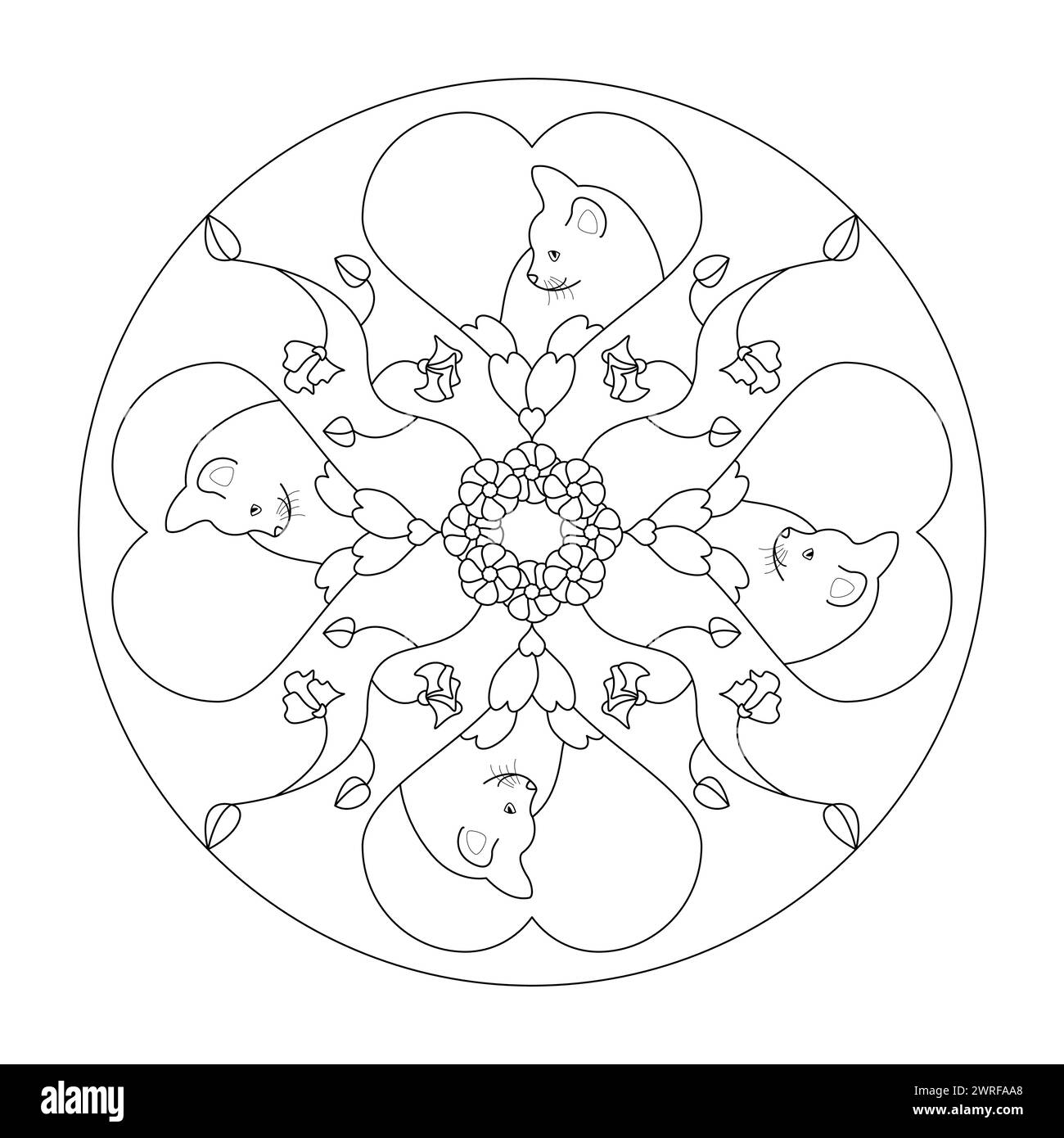 Mandala. Chat à l'intérieur du cœur. Coloriage. Art-thérapie. Illustration de Vecteur