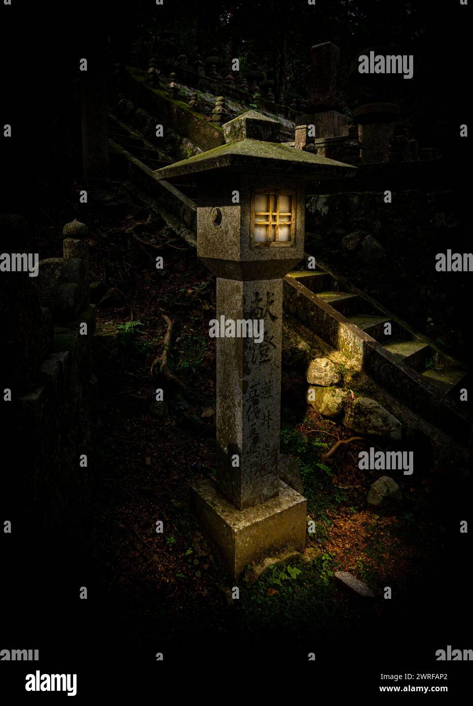 Promenade nocturne atmosphérique dans le cimetière du mont Koyasan, site du patrimoine mondial de l'UNESCO, Japon. Banque D'Images