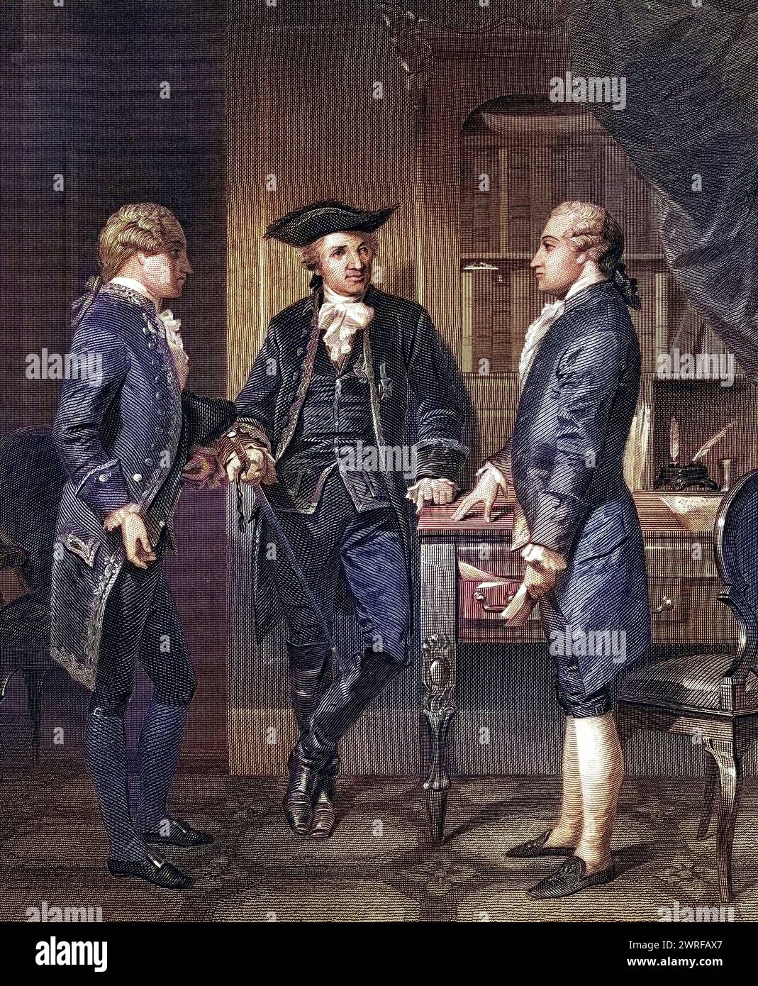 Johann Henry Jules Alexandre von Robaii Baron de Kalb 1721 bis 1780 Zentrum, das Lafayette Silas Deane vorstellt, nach Alonzo Chappel aus Life and Times of Washington Band 1, veröffentlicht 1857 / Johann Henry Jules Alexandre von Robaii Baron de Kalb 1721 à 1780 centre présentation de Lafayette à Silas Deane après Alonzo Chappel de la vie et de l'époque de Washington volume 1 publié 1857, Historisch, digital restaurierte Reproduktion von einer Vorlage aus dem 19. Jahrhundert, date du dossier non précisée, Banque D'Images