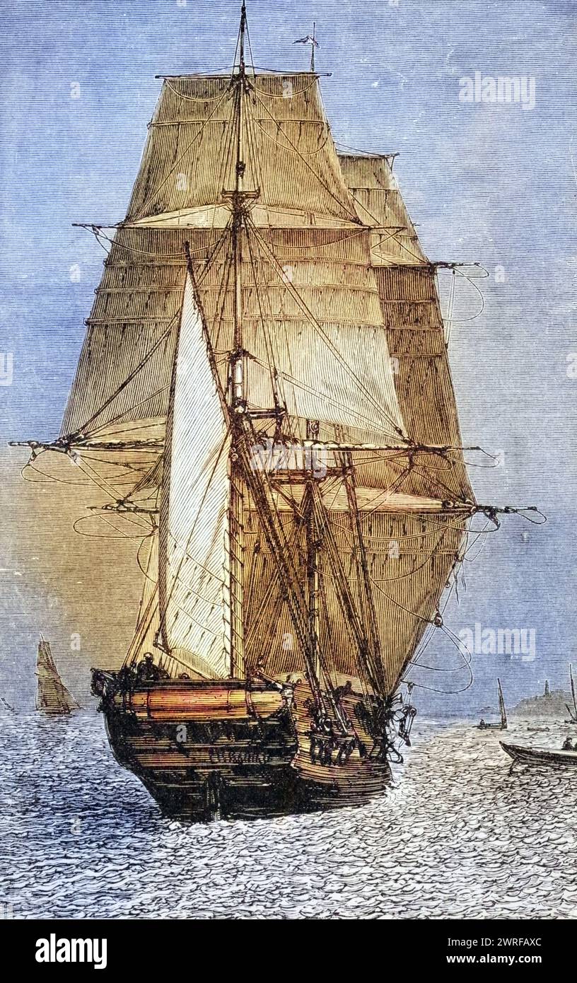 Die Brigg HMS Beagle aus dem Journal of Research von Charles Darwin, veröffentlicht von Nelson & sons 1890 / The brig HMS Beagle from Journal of Research by Charles Darwin Published by Nelson & sons 1890, Historisch, digital restaurierte Reproduktion von einer Vorlage aus dem 19. Jahrhundert, date du dossier non précisée, Banque D'Images