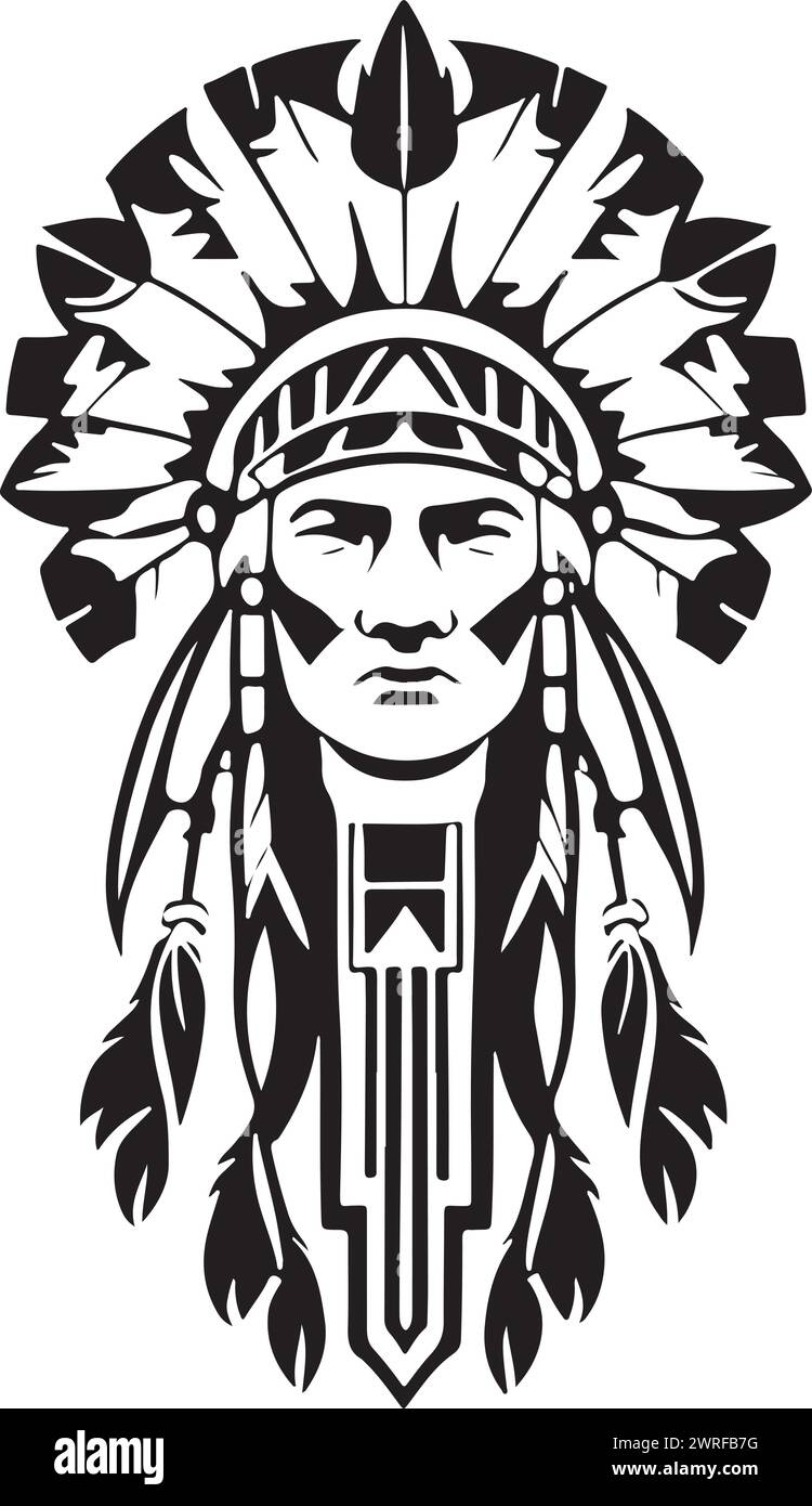 Un chef amérindien emblématique impressionnant dans une illustration vectorielle en noir et blanc, adapté à la conception de logo, la conception de tatouage ou l'impression à la demande Illustration de Vecteur