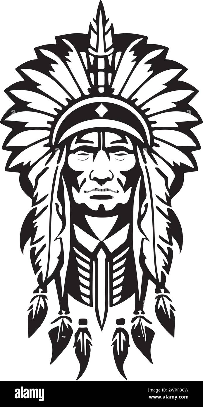 Un incroyable chef amérindien emblématique dans une illustration vectorielle en noir et blanc, adapté à la conception de logo, la conception de tatouage ou l'impression à la demande Illustration de Vecteur