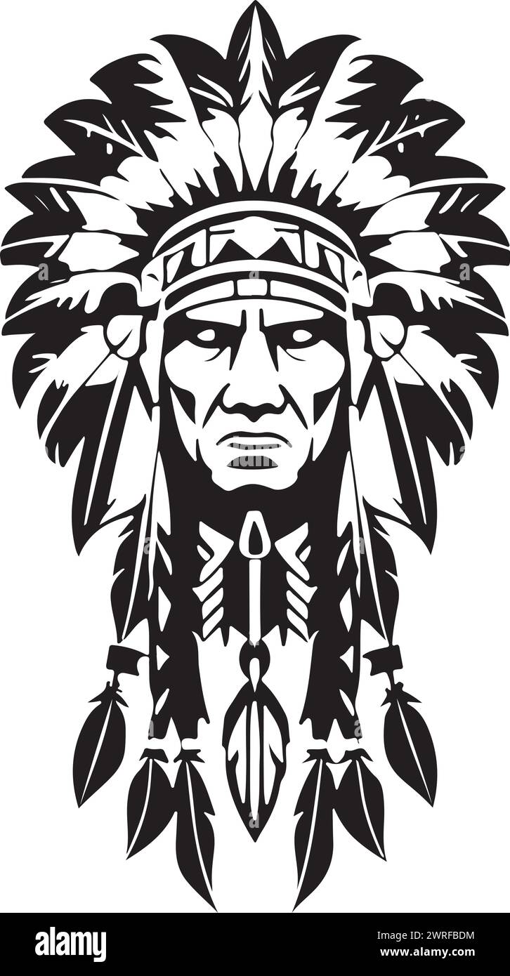 Un chef amérindien emblématique à couper le souffle dans une illustration vectorielle en noir et blanc, adapté à la conception de logo, la conception de tatouage ou l'impression à la demande Illustration de Vecteur