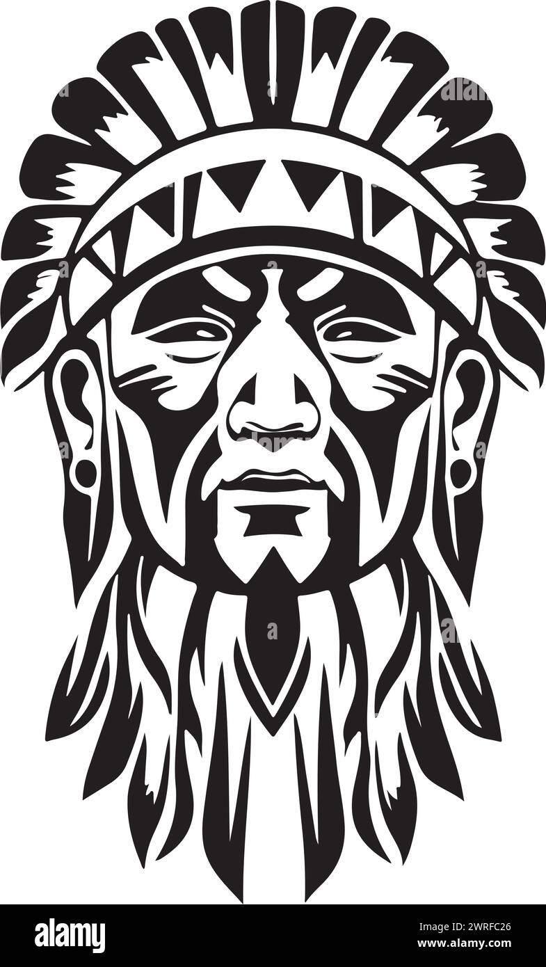 Un chef amérindien emblématique extraordinaire dans une illustration vectorielle en noir et blanc, adapté à la conception de logo, la conception de tatouage ou l'impression à la demande Illustration de Vecteur