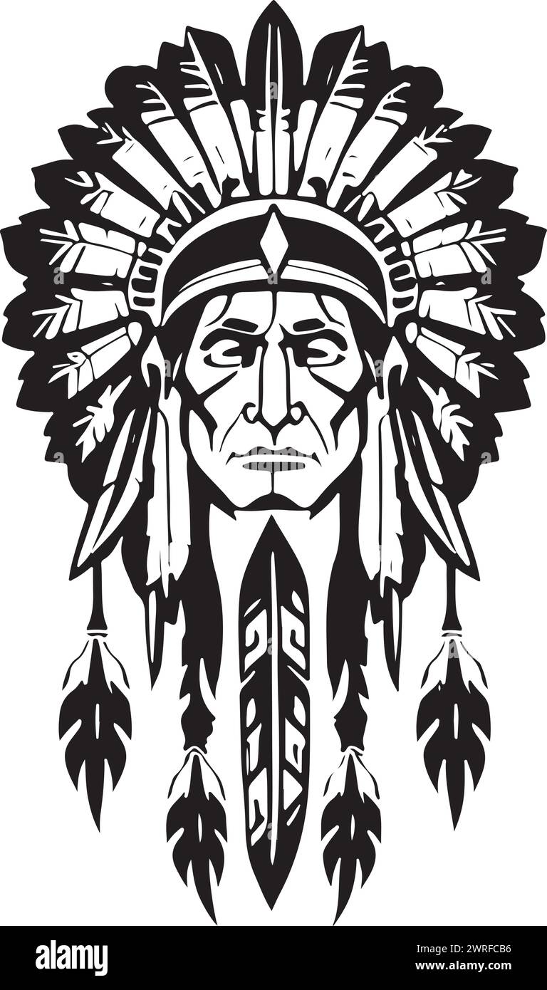 Un chef amérindien emblématique fantastique dans une illustration vectorielle en noir et blanc, adapté à la conception de logo, la conception de tatouage ou l'impression à la demande Illustration de Vecteur