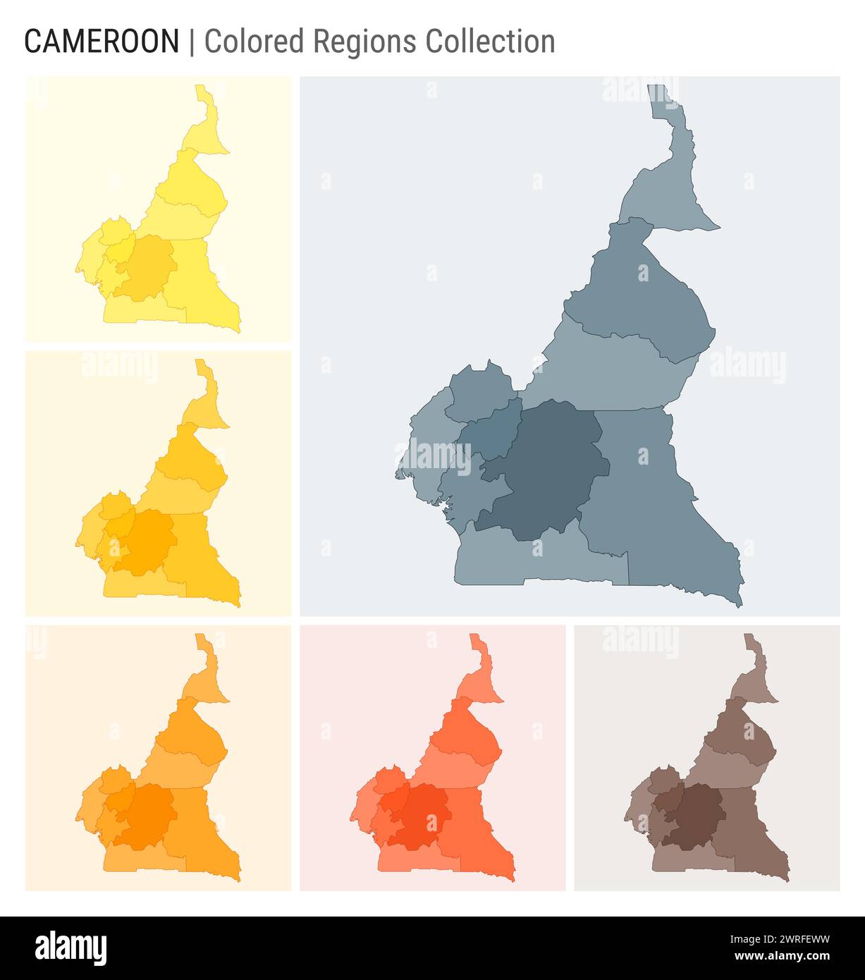 Collection de cartes du Cameroun. Forme de pays avec régions colorées. Bleu gris, jaune, ambre, orange, orange profond, palettes de couleurs marron. Illustration de Vecteur