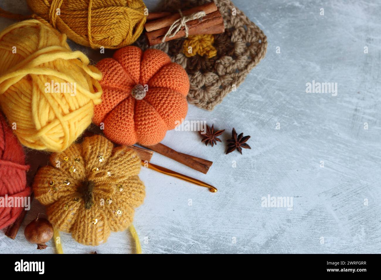 Idées de crochet automnal. Jouets amigurumi mignons crochetés, fil de laine, crochet. Espace pour le texte. Banque D'Images