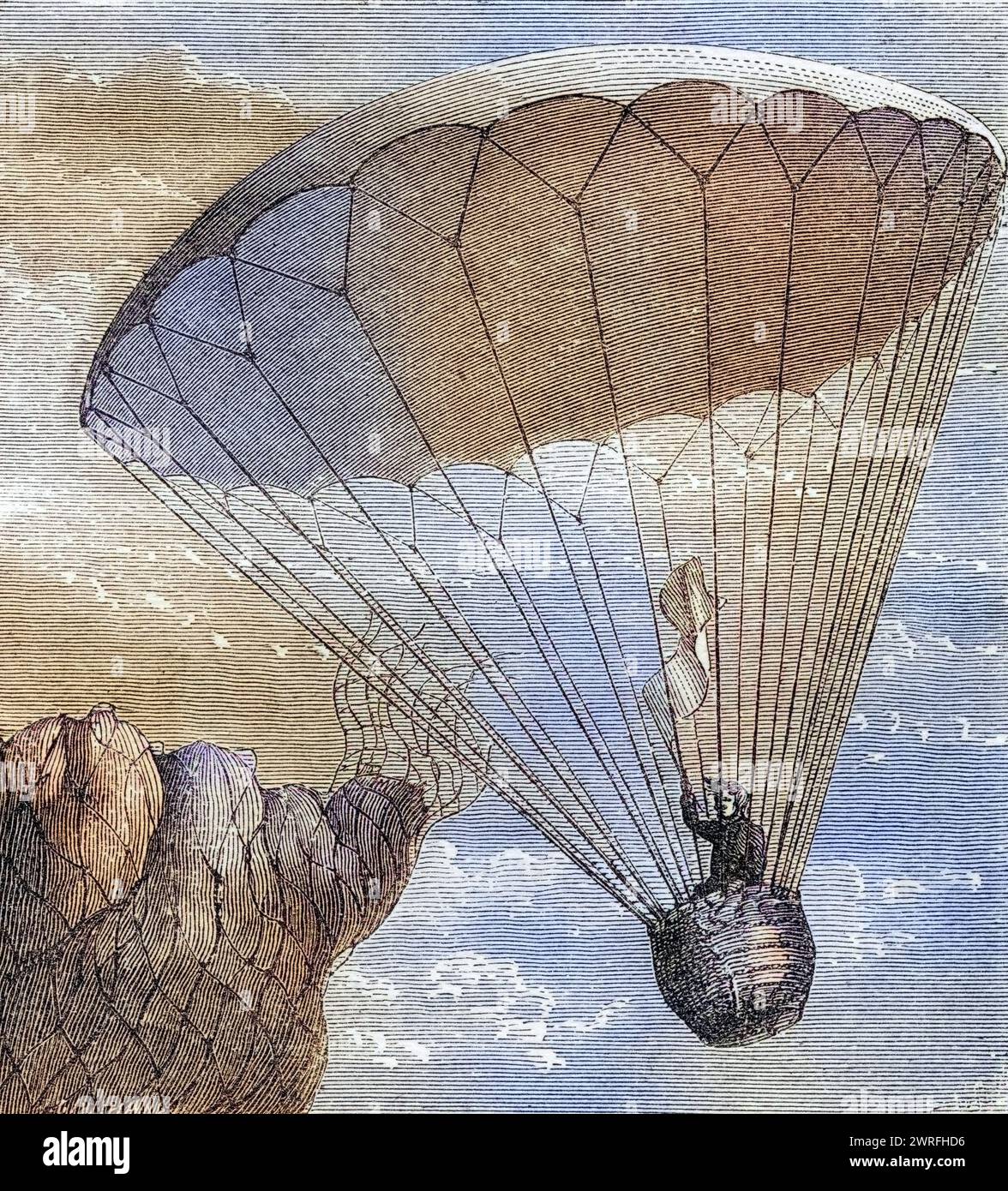 La descente de Garnerin en parachute 1802 André Jacques Garnerin 1769 - 1823 Französischer Erfinder des rahmenlosen Fallschirms / la descente de Garnerin en parachute 1802 André Jacques Garnerin 1769 - 1823 inventeur français du parachute sans cadre tiré du livre Wondeful Balloon Ascents or the Conquest of the Skies publié c 1870, Historisch, digital restaurierte Reproduktion von einer Vorlage aus dem 19. Jahrhundert, date du dossier non précisée, Banque D'Images