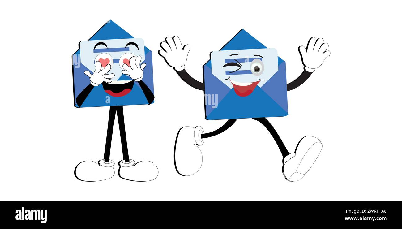 Personnage de mascotte de dessin animé d'enveloppe, points Cupidon Cartoon avec un geste de la main, autocollant de message comique rétro, vecteur plat de conception élégant mignon Illustration de Vecteur