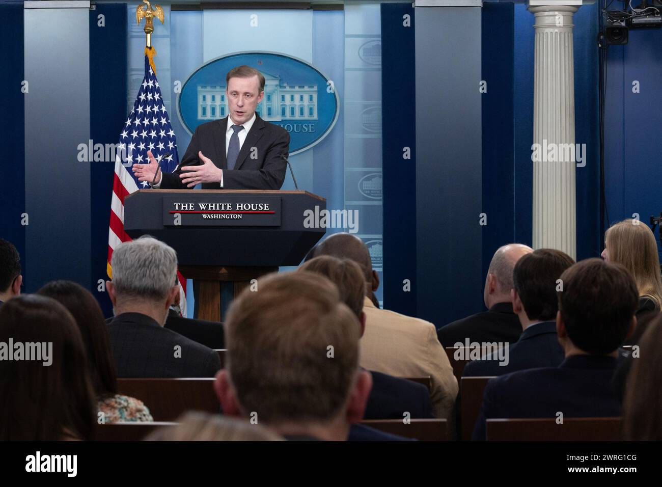 WASHINGTON - 12 MARS : Jake Sullivan, conseiller à la sécurité nationale des États-Unis, prend la parole lors d'une conférence de presse dans la salle de conférence de presse James S. Brady à la Maison Blanche à Washington, DC, aux États-Unis, le mardi 12 mars, 2024. la Maison Blanche a annoncé une aide militaire de 300 millions de dollars à l'Ukraine, dernière initiative de l'administration Biden pour obtenir de l'aide à Kiev alors que le Congrès est toujours dans l'impasse. Photographe : Tom Brenner/Pool/Sipa USA crédit : Sipa USA/Alamy Live News Banque D'Images