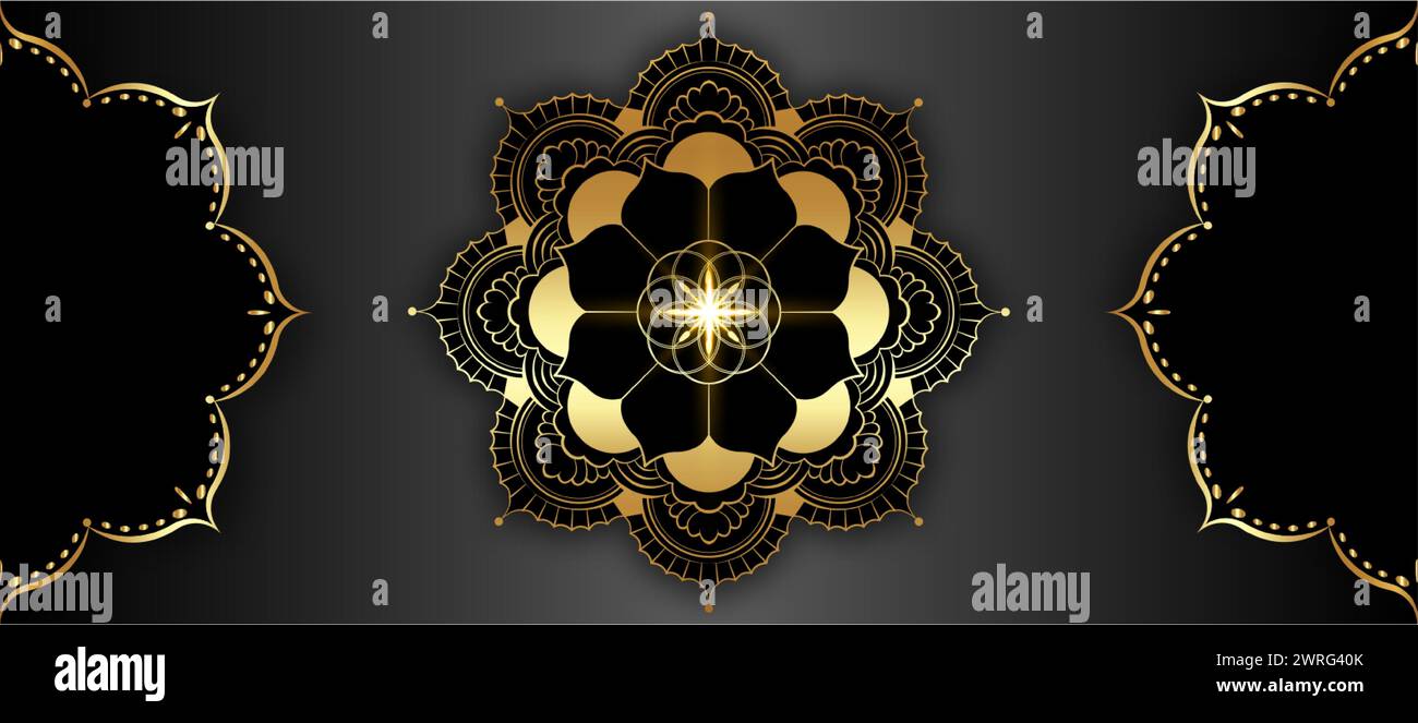 Bannière de luxe Mandala avec beau motif circulaire vintage de l'inde. Décoration florale en or rond, fond noir de vecteur de modèle de luxe Illustration de Vecteur