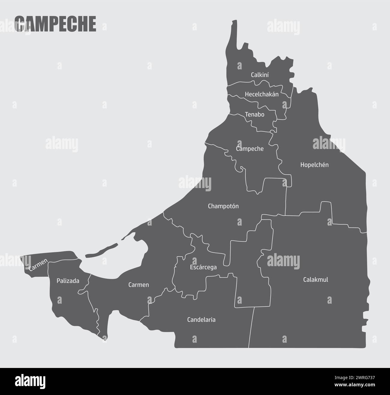 Carte administrative de l'État de Campeche isolée sur fond gris, Mexique Illustration de Vecteur