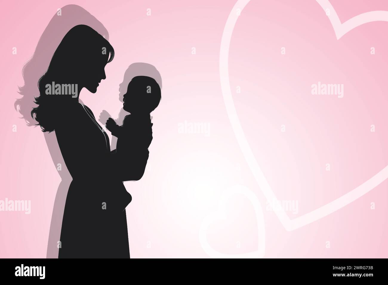 Une silhouette tendre d'une mère tenant son bébé sur un fond rose doux avec un motif coeur, idéal pour la fête des mères. Illustration de Vecteur
