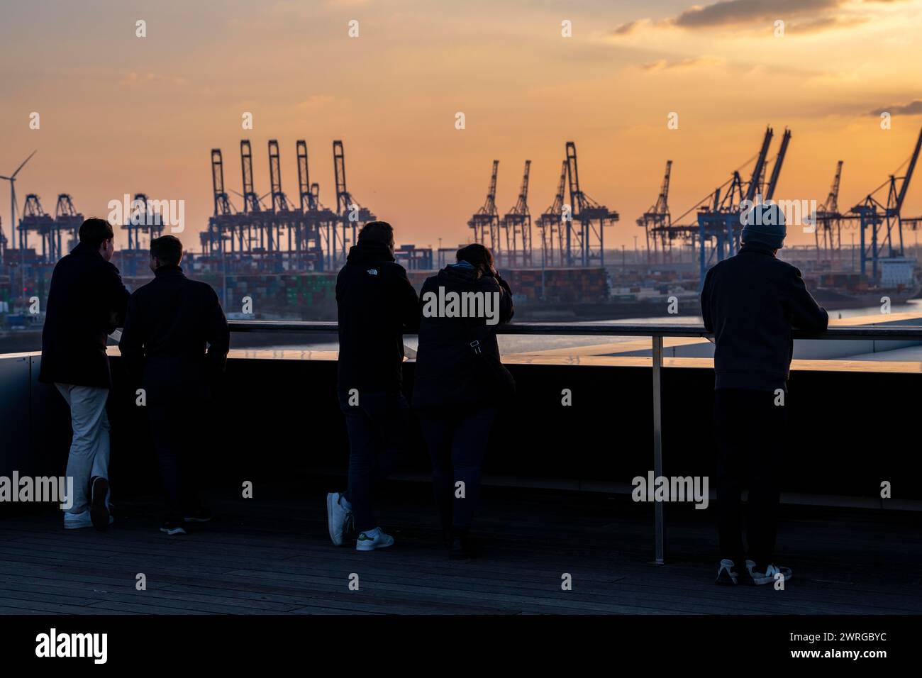 Bâtiment Hambourg Dockland, plate-forme d'observation, vue sur l'Elbe et le terminal à conteneurs Burchardkai, coucher de soleil, Hambourg, Allemagne Banque D'Images