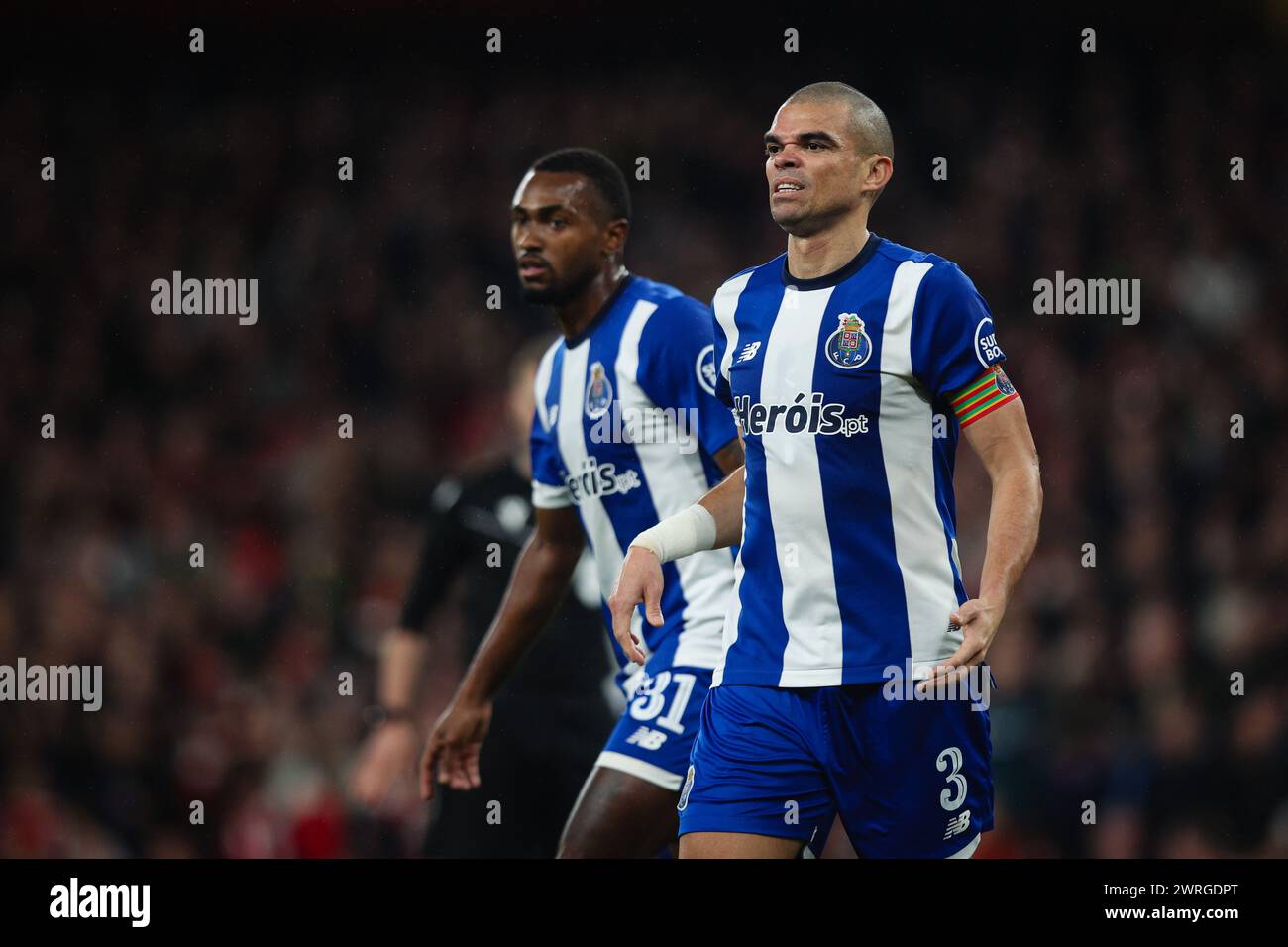 LONDRES, Royaume-Uni - 12 mars 2024 : Pepe du FC Porto réagit lors de la manche 16 de la Ligue des champions de l'UEFA entre Arsenal FC et FC Porto au Emirates Stadium (crédit : Craig Mercer/ Alamy Live News) Banque D'Images