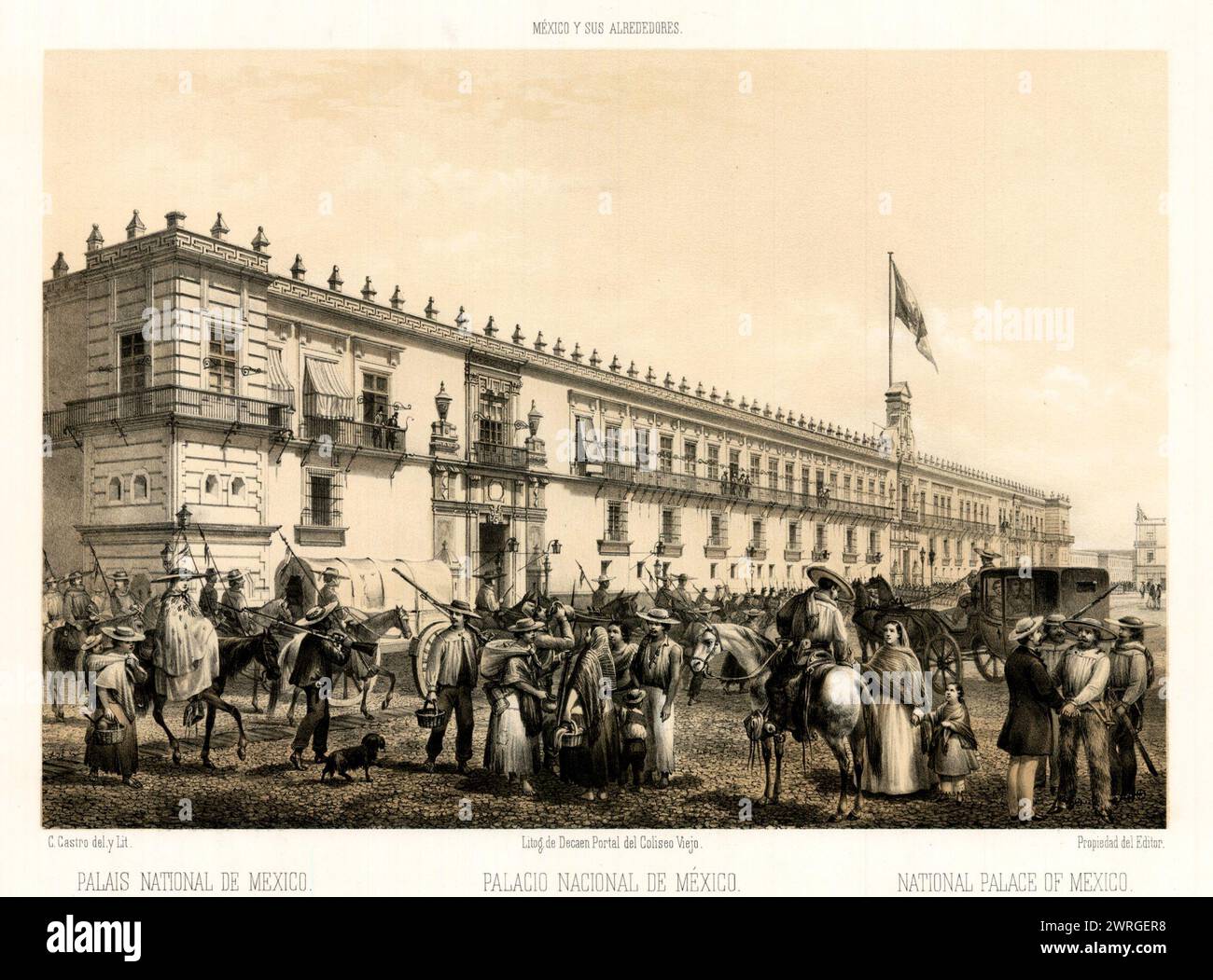 Palais national du Mexique. [Palacio Nacionale de Mexico]. Lithographie historique vintage par Casimiro Castro. vers 1870 Banque D'Images