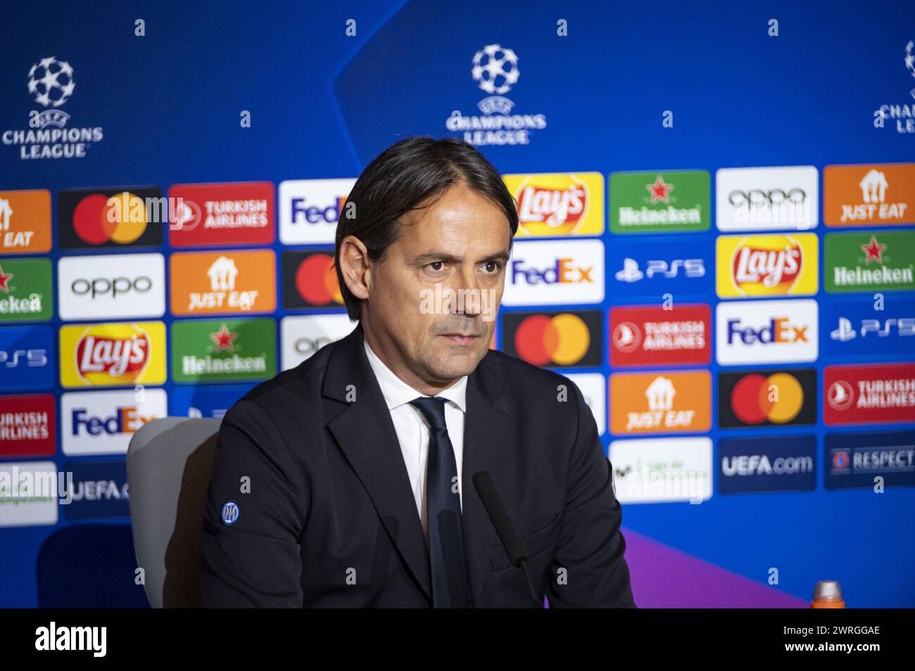 Madrid, Espagne. 12 mars 2024. Simone Inzaghi, entraîneur du FC Internazionale, a pris la parole lors de la séance d'entraînement et de la conférence de presse un jour avant le match de football de la Ligue des Champions entre l'Atletico Madrid et le FC Internazionale au stade Metropolitano de Madrid, en Espagne. Crédit : Agence photo indépendante/Alamy Live News Banque D'Images