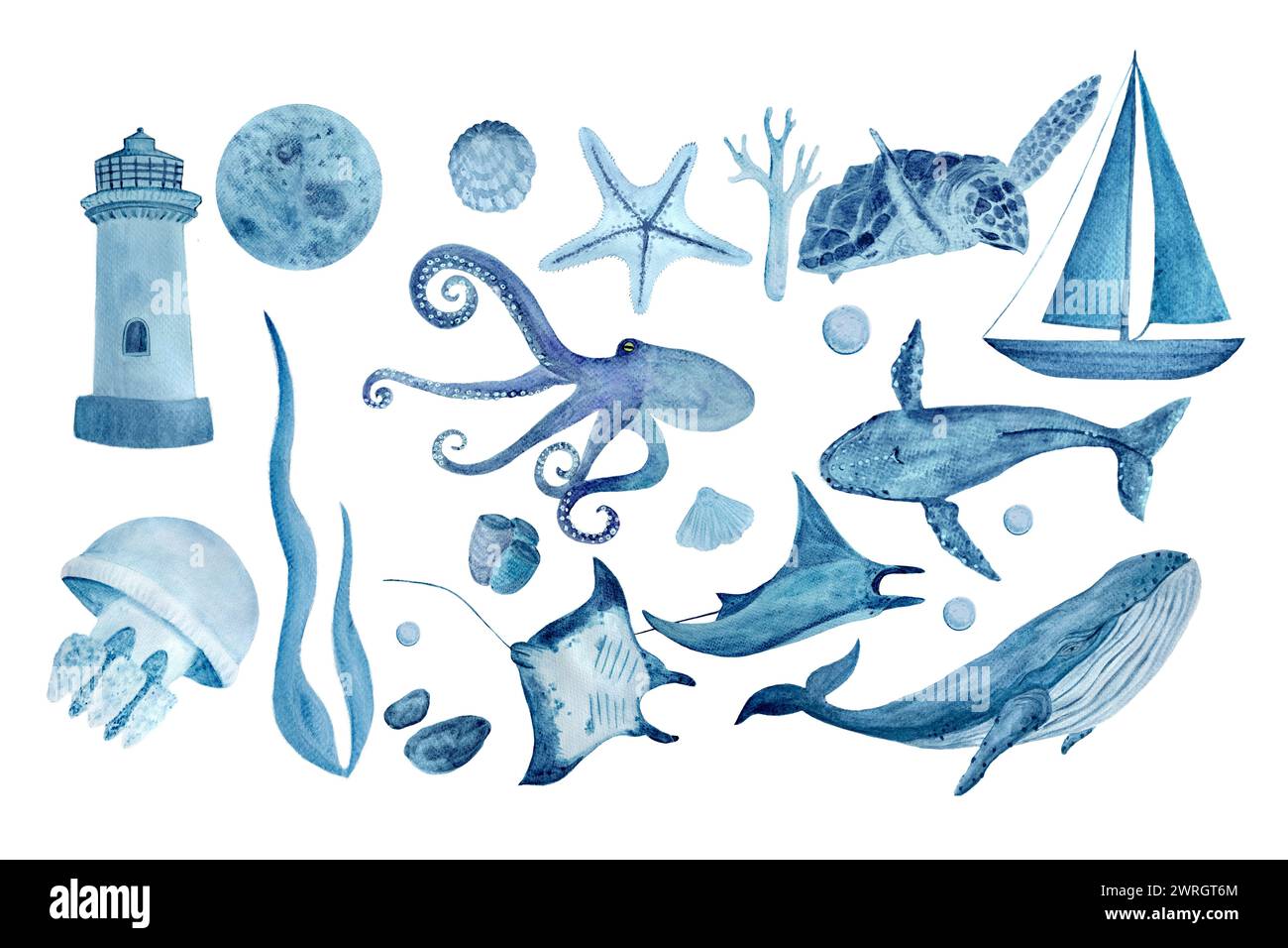 Aquarelle dessinée à la main ensemble monochromatique bleu isolé sur blanc. Baleine bleue, raie manta, coquillages, étoile de mer, polype et corail Banque D'Images