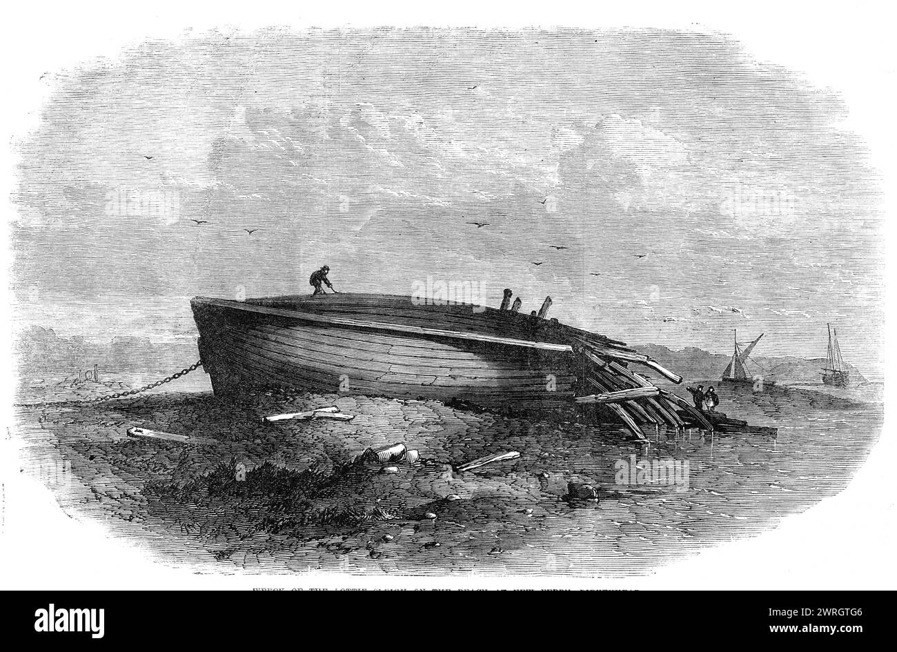 Épave du traîneau Lottie sur la plage de New Ferry, Birkenhead, 1864. Gravure tirée d'un croquis de Mr. John N. P. MacBride montrant «... une partie de la coque du navire telle qu'elle repose, la quille la plus haute, sur un banc de boue... où elle a dérivé après l'explosion. Le pont et la poupe sont soufflés, et les bois dans ce quartier sont beaucoup brisés et éclatés. Le navire s'est ouvert vers l'extérieur de la ligne où se trouvait le pont, le cutwater étant partiellement brisé et tout à fait séparé des bois des arcs... en regardant dans la coque au niveau des arcs, rien n'est vu, sauf une masse brisée de poutres carbonisées et de bois Banque D'Images