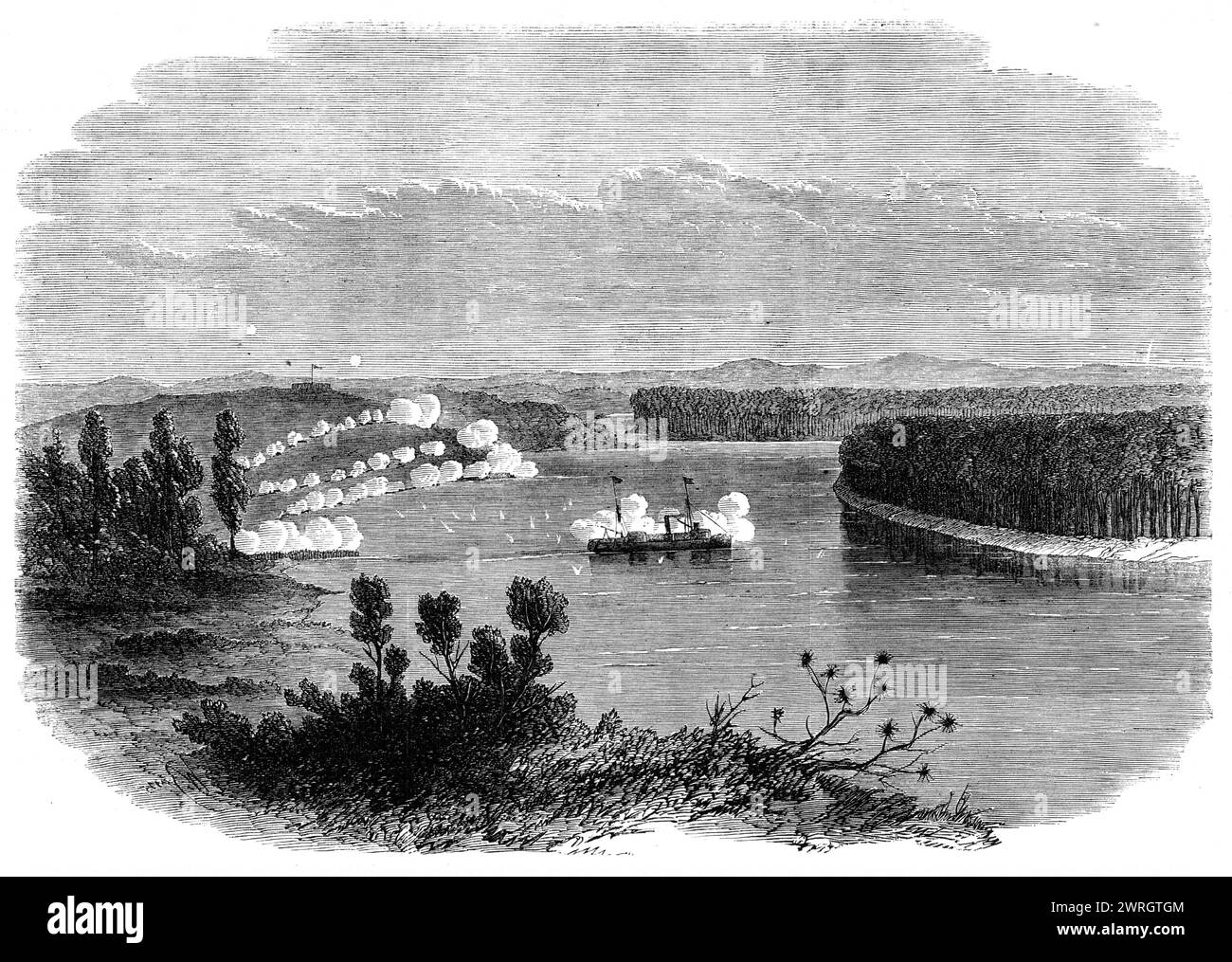 La guerre en Nouvelle-Zélande : le canonnier au mouillage au large de Meremere, sur la rivière Waikato, reconnoitring the native position, 1864. Gravure d'un croquis par '...Mr. Messer, chirurgien assistant du Curo&#xe7;OA...le général Cameron a succeeded...in obligeant les Maoris à quitter leur poste de vue choisi...L'arrivée du Pioneer, un vapeur de fer construit à Sydney, lui a permis de monter le ruisseau et plus minutieusement de surveiller la position... Un nuage de fumée blanche a éclaté de la banque à l'atterrissage. Les Maoris avaient tiré leur arme inférieure... une autre bouffée de fumée a surgi... le coup de feu est tombé lamentablement Banque D'Images