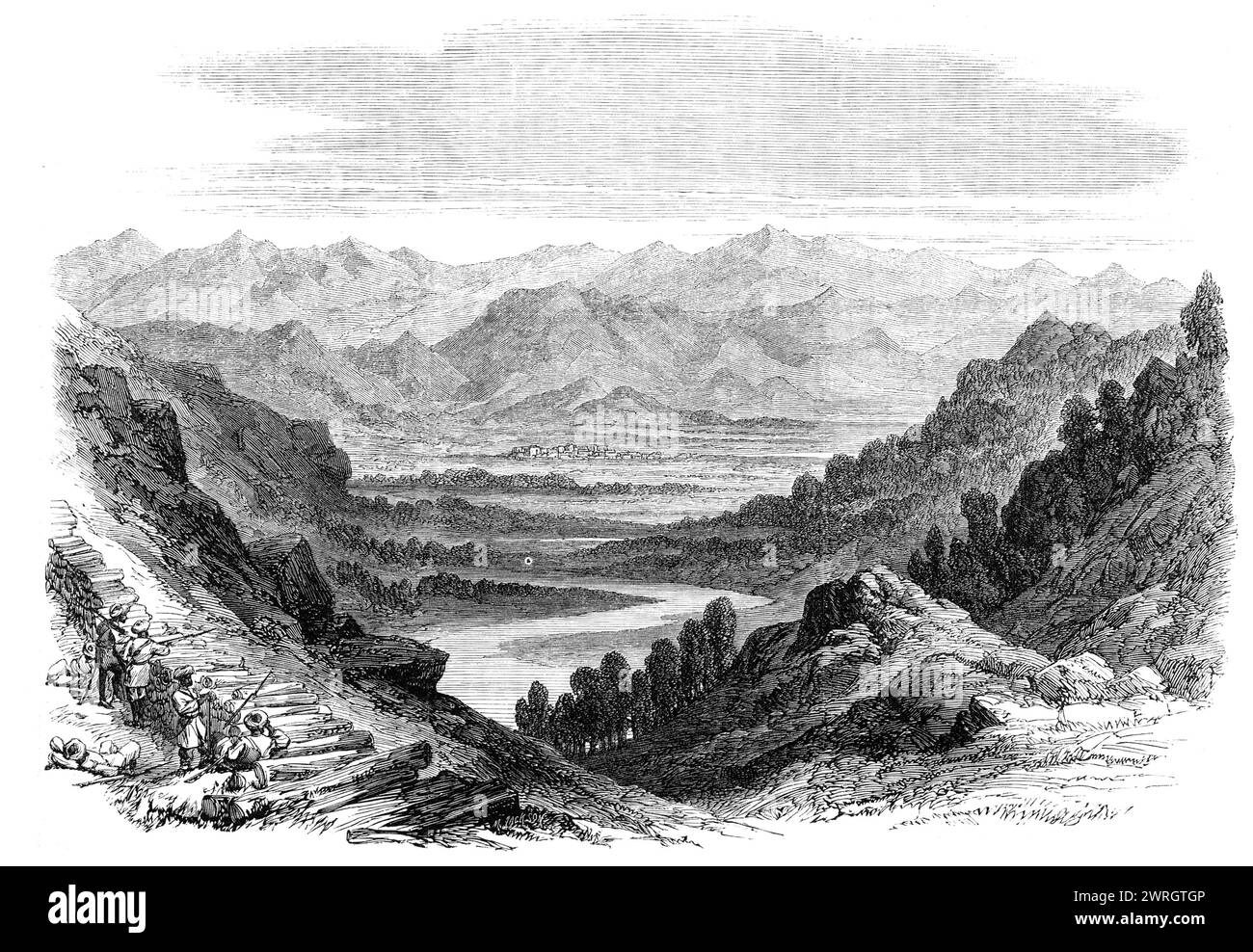 Expédition contre les tribus montagnardes sur la frontière du Punjaub : vue sur la vallée de Chumla et le village d'Umbeylah depuis la position tenue par les forces britanniques sur les hauteurs de Goroo, 1864. La campagne d'Ambela de 1863 est l'une des nombreuses expéditions dans la zone frontalière entre l'Émirat d'Afghanistan et la province du Pendjab de l'Inde britannique (rebaptisée province frontalière du Nord-Ouest en 1901, aujourd'hui Khyber Pakhtunkhwa) contre les « fanatiques hindoustanais » à Malka. Tiré de "Illustrated London News", 1864. Banque D'Images