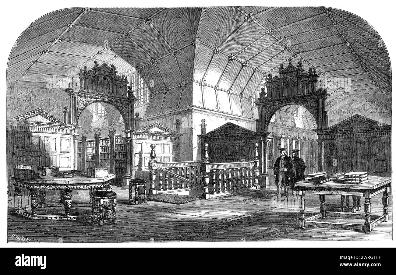Vues de Merton College, Oxford : la bibliothèque, 1864. Les deux côtés du [quadrangle de la mafia] sont occupés par la bibliothèque, construite par William Rede, membre du collège en 1319, et par la suite évêque de Chichester. Il aurait été son propre architecte. C'est l'une des bibliothèques les plus anciennes et peut-être maintenant la plus authentique et ancienne du Royaume, et c'est le prototype de nos bibliothèques publiques. La fenêtre la plus ancienne conserve un verre armorial d'origine. Tiré de "Illustrated London News", 1864. Banque D'Images