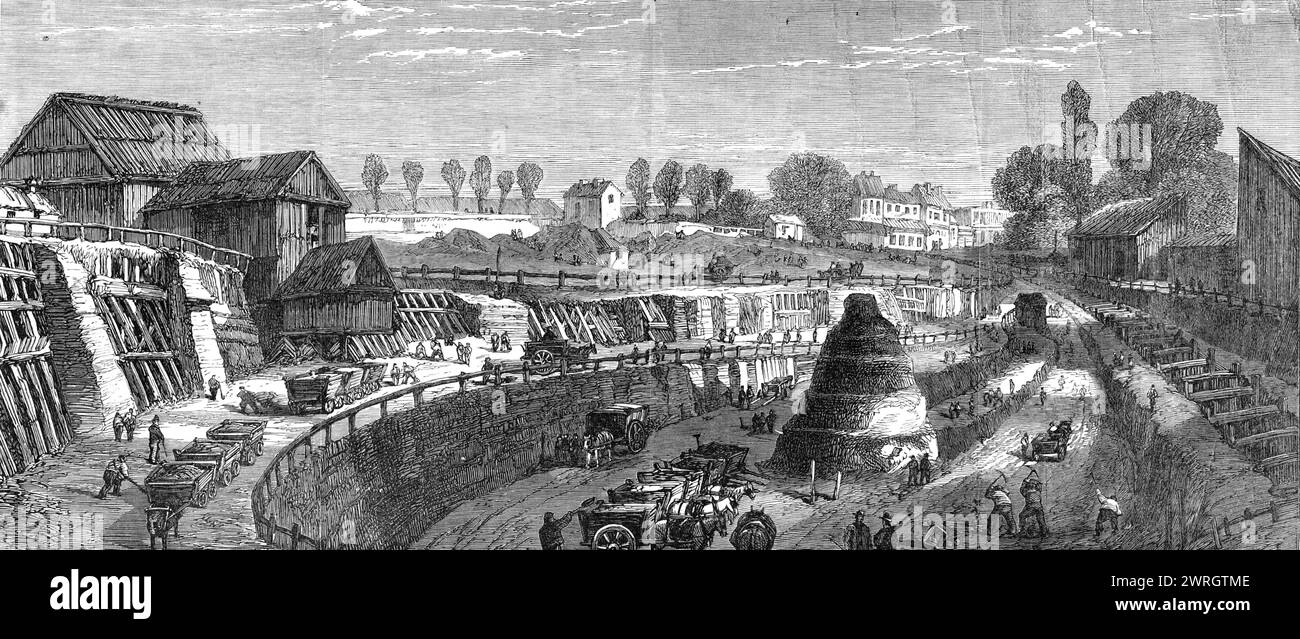 Avancement des travaux de Waterworks à Ménilmontant pour l'approvisionnement de Paris, 1864. Les problèmes de pollution de la Seine, et de «... eau ne pouvant être obtenue dans les étages supérieurs des maisons parisiennes [seront résolus] par l'introduction dans Paris d'une grande quantité d'eau pure, obtenue à une distance considérable, et être distribué à partir de deux immenses réservoirs... notre gravure représente l'état actuel des travaux à Ménilmontant pour l'exécution du réservoir le plus important, qui... sera alimenté par les eaux obtenues des rivières Dhuis et Marne, toutes deux célébrées pour Banque D'Images