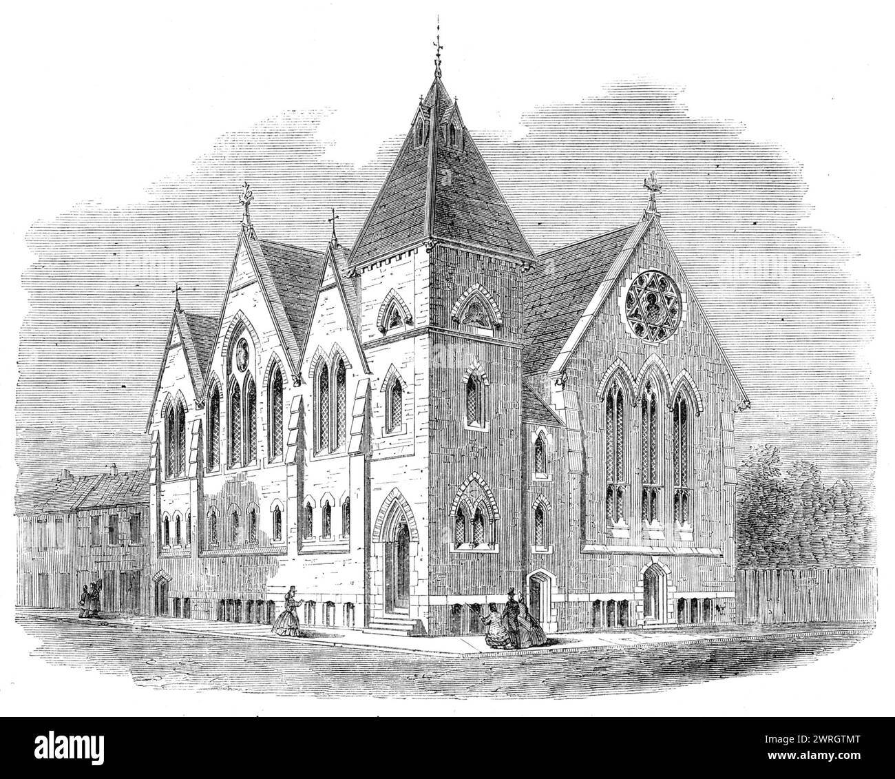 Prog Paul's Working Men's Church, Birkenhead, 1864. 'Cette église a été ouverte le 10 décembre par l'évêque de Chester, et contient au rez-de-chaussée plus de 600 séances, qui sont entièrement gratuites. La situation est bien choisie, étant au coin de la rue Argyle, la principale rue d'affaires à la mode, et la rue du marché, la rue dans laquelle la plupart des travailleurs font leurs courses, et dans laquelle beaucoup d'entre eux résident. L'église est construite en brique, avec fenêtre et autres pansements de pierre. Le toit est à colombages ouverts. Il n'y a pas de portes aux bancs. Dans un sous-sol élevé th Banque D'Images