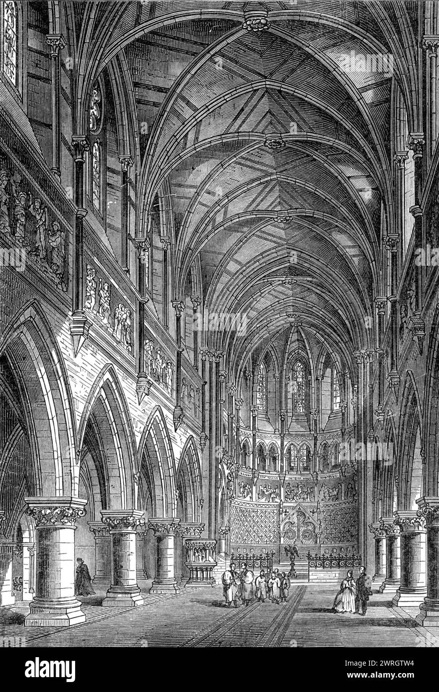 Nouvelle église de. Peter, sur le site de Vauxhall Gardens, [Londres], 1864. 'L'architecte est Mr. Pearson, de Harley-Street, qui a, avec les bâtisseurs, messieurs Longmire et Burge, formé une église qui, ecclésiologiquement ou architecturalement considéré, est l'un des meilleurs spécimens de modem..le choeur est apsidal, et pour une certaine distance au-dessus du pas de l'autel, qui est sur cinq marches, est préparé pour la peinture de fresques ; tandis que trois vitraux sont déjà en main pour remplir les lumières de l'extrémité est. De très beaux et substantiels stalles de chœur de chêne sculpté sont à l'ouest Banque D'Images