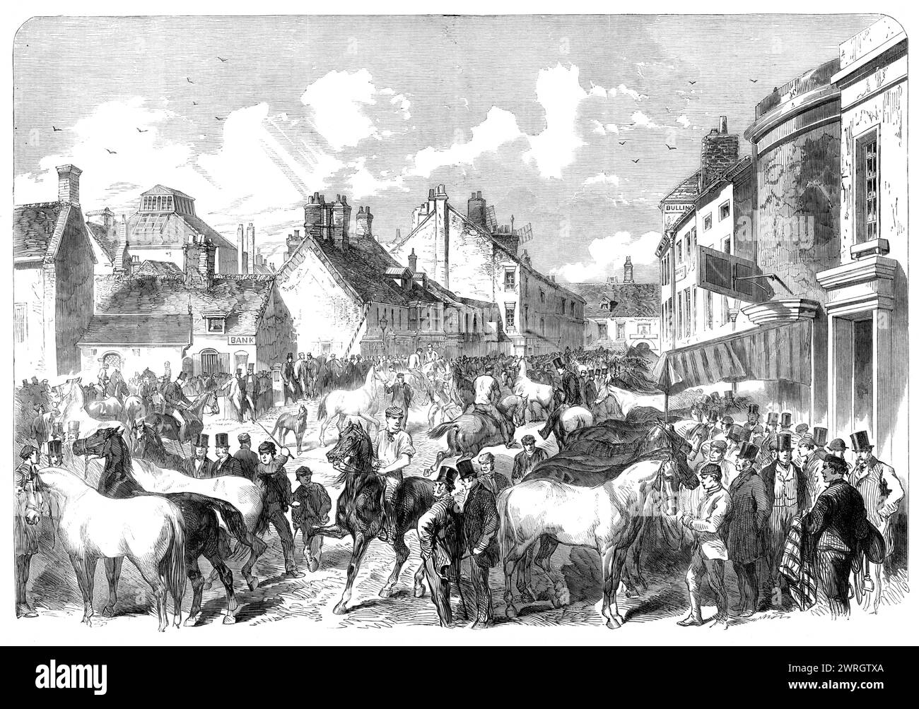 Foire annuelle du cheval à Horncastle, Lincolnshire, 1864. Vue de '...la rue principale [pendant] la foire annuelle du cheval, qui est l'une des plus importantes tenues dans ce pays. Un grand ensemble de marchands de chevaux et d'éleveurs professionnels et amateurs, de propriétaires d'autocars et d'omnibus, de maîtres de chantier, de gardiens d'écuries, de messieurs sportifs et d'agents de remontage de cavalerie, ont été réunis à cette occasion. Il y avait une splendide collection de : chevaux attelés, stock de sang, et bétail de trait ; animaux supérieurs pour les voitures privées ; chasseurs ; chevaux forts, épais, actifs, convient pour la ville Banque D'Images